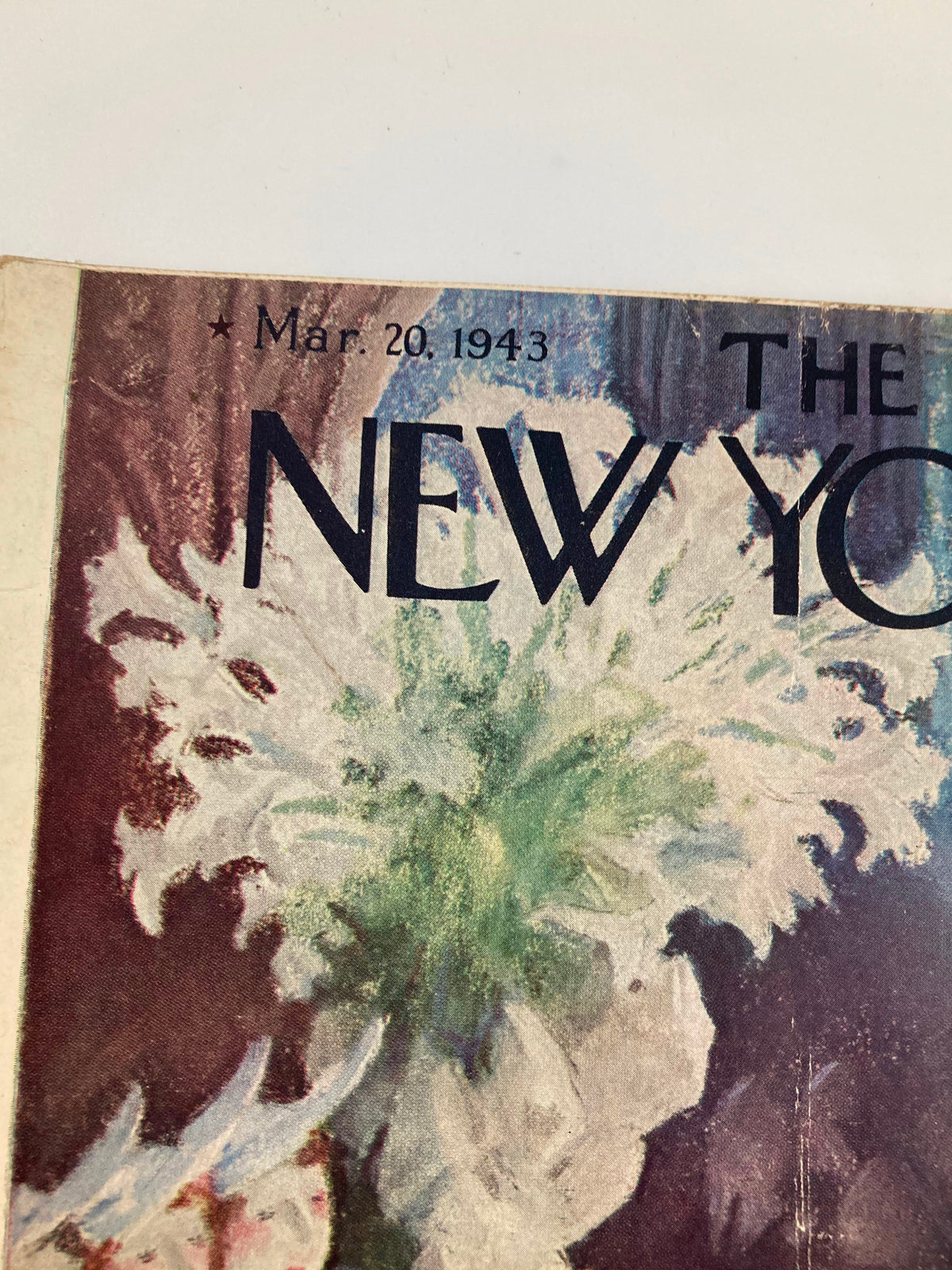 Detail of The New Yorker Magazine March 20 1943 featuring the magazine title and date on the cover, showcasing vintage charm.