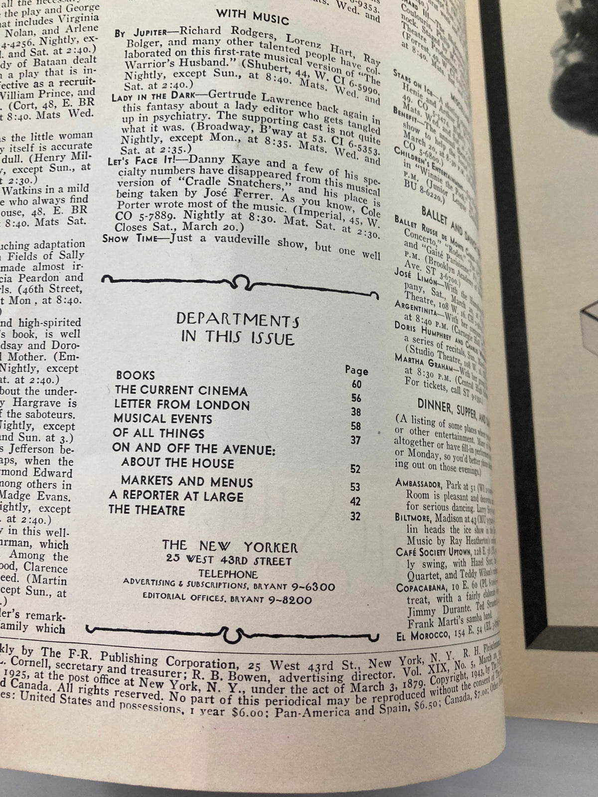 Interior page of The New Yorker Magazine from March 20, 1943 featuring departments and content listings including music, theatre performances, and current cinema.