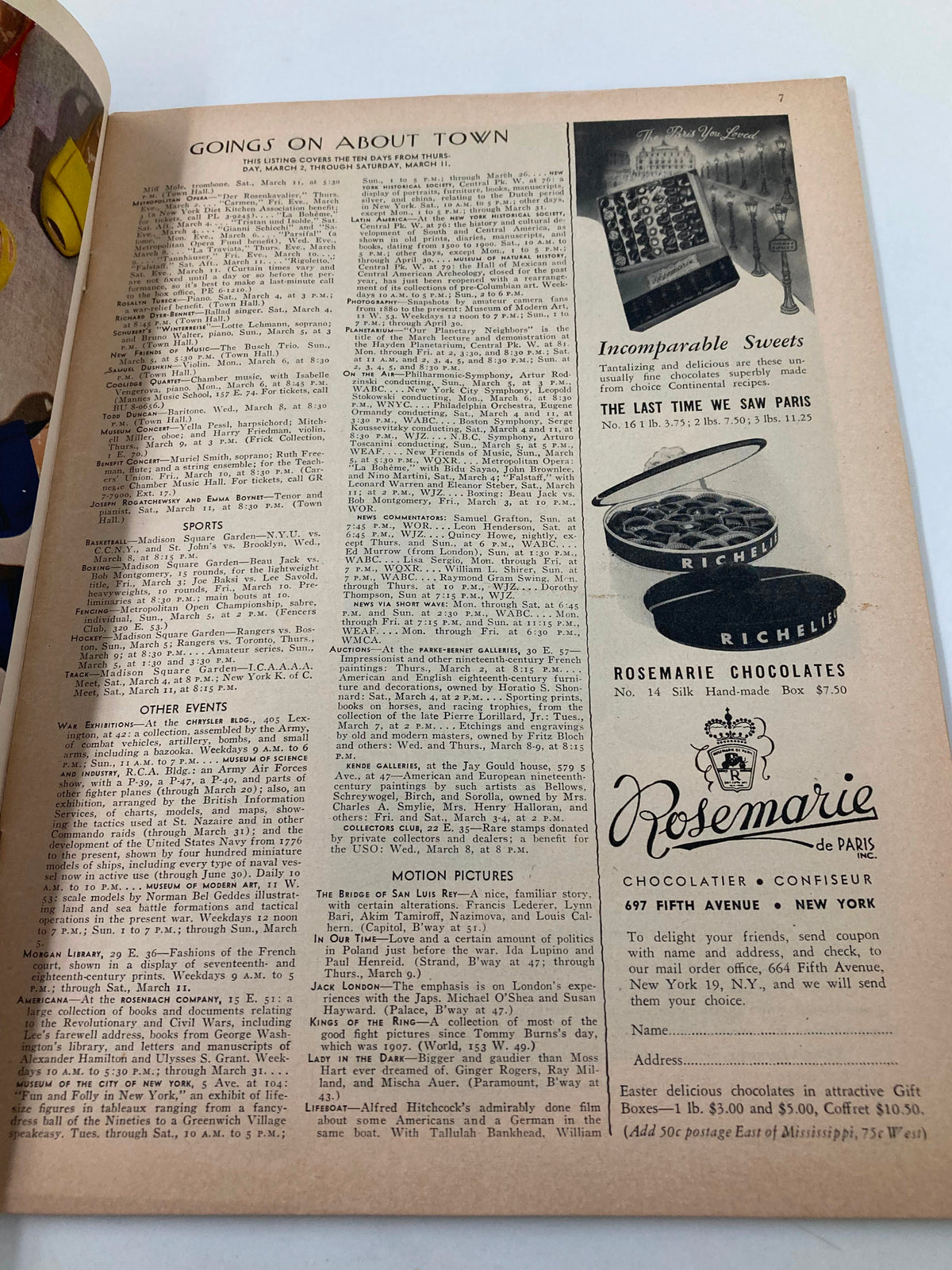 Page from The New Yorker Magazine March 4, 1944 featuring the 'Goings On About Town' section, showcasing events and activities in New York City for the week, along with advertisements.
