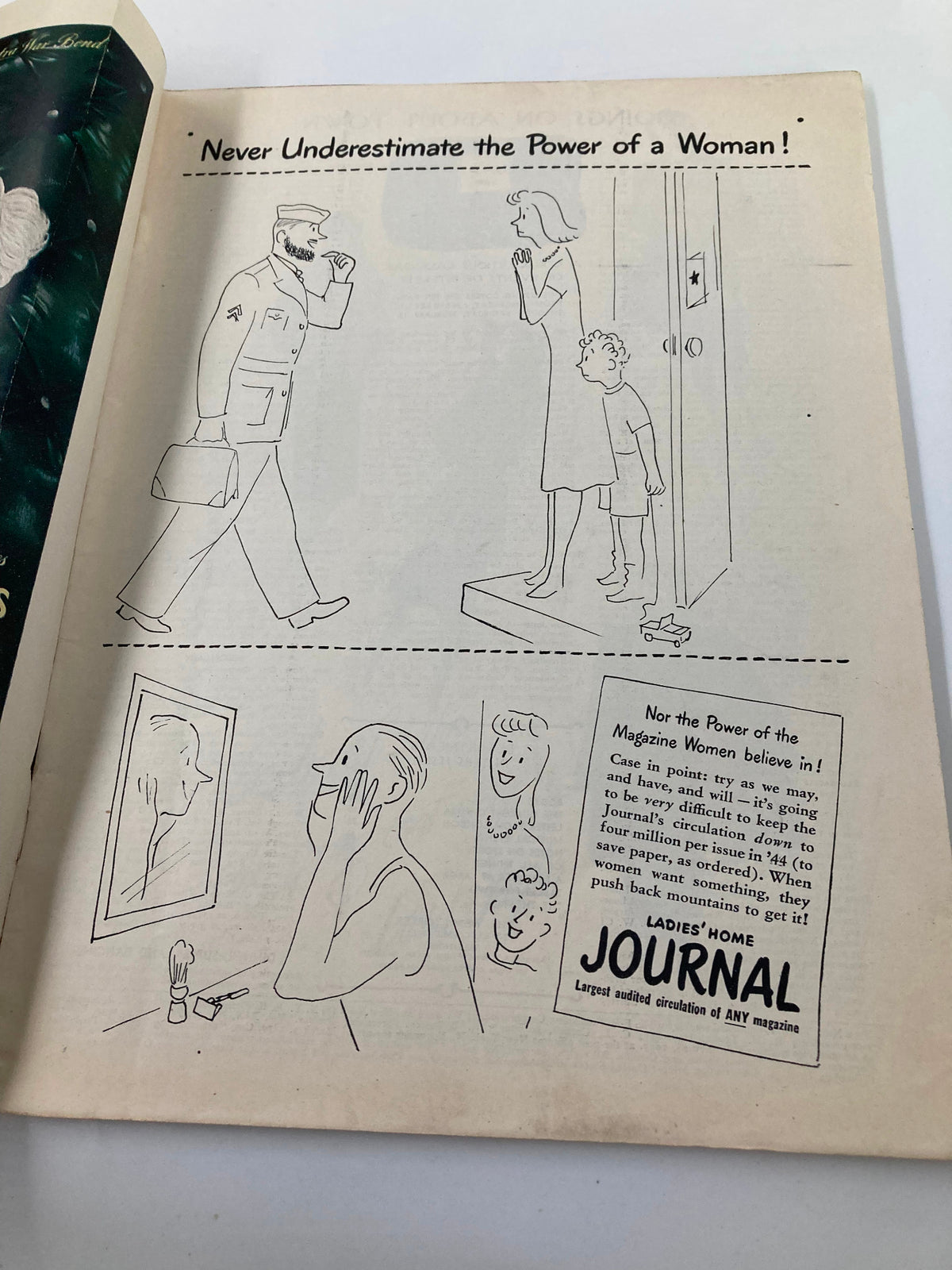Illustration from The New Yorker Magazine February 15, 1944, depicting the theme 'Never Underestimate the Power of a Woman,' featuring a soldier, a woman, and a child, capturing mid-20th century societal dynamics.