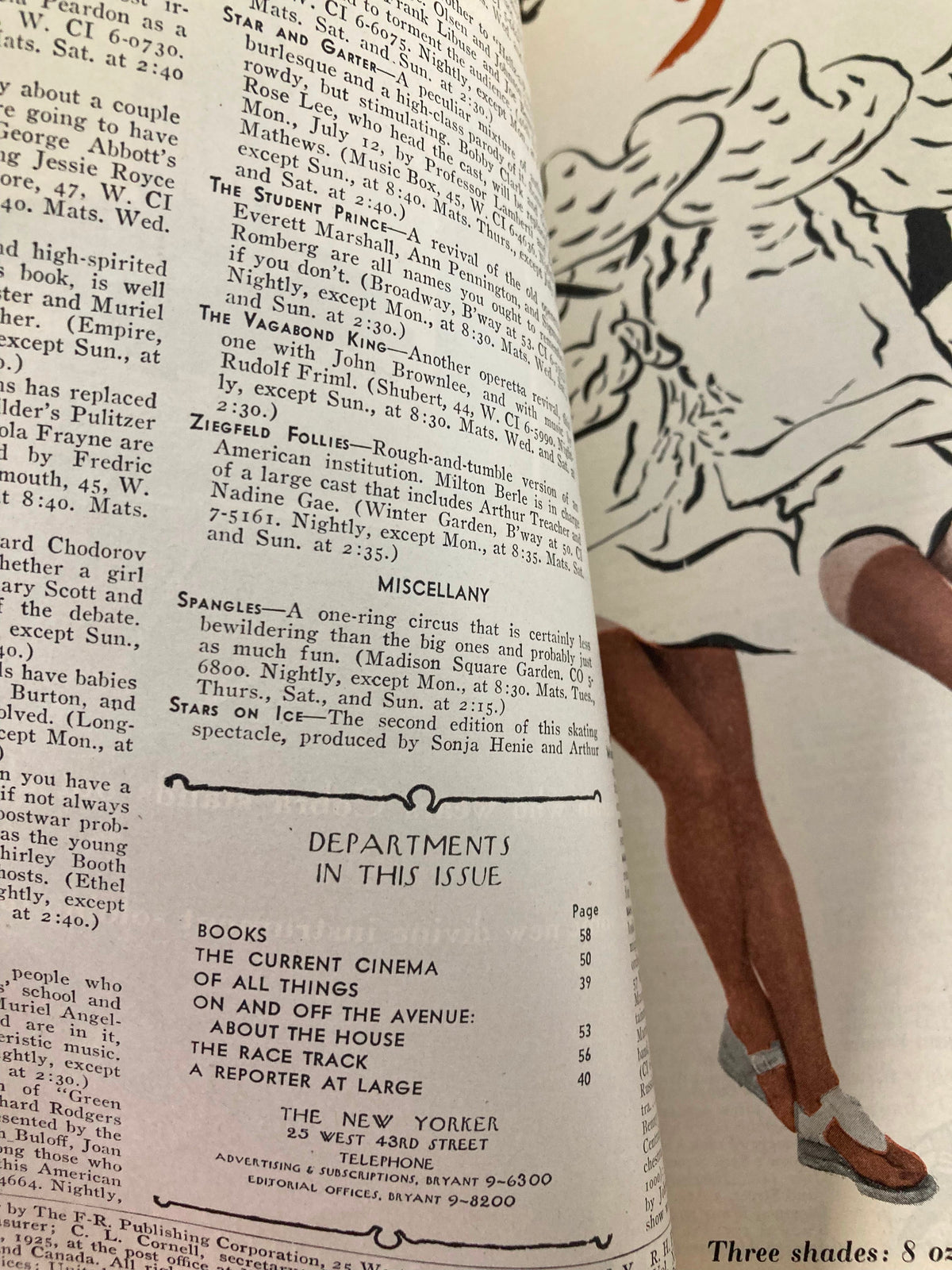 Inside page of The New Yorker Magazine July 10 1943 displaying the table of contents and advertisements, highlighting the featured article 'Stars on Ice' and the current cinema listings.
