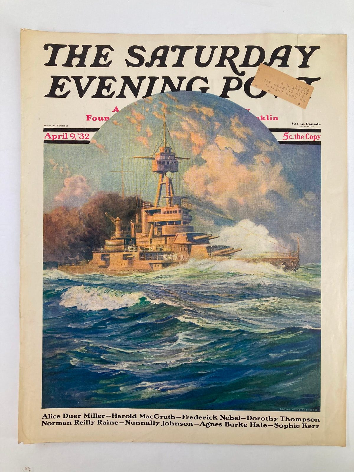 Cover only of The Saturday Evening Post dated April 9, 1932, highlighting a dramatic maritime scene with a ship in rough seas, designed by Agnes Burke Hale and Sophie Kerr, representing an iconic piece of American magazine history.