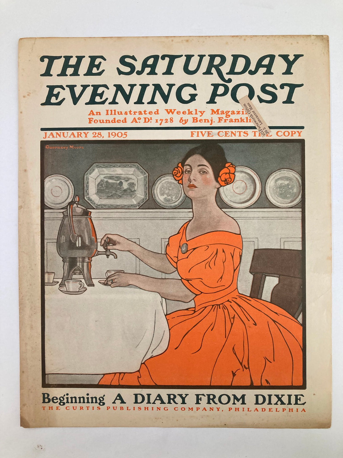 Cover of The Saturday Evening Post January 28, 1905, depicting a woman in an orange dress near a vintage coffee grinder, illustrating the historical significance of early 20th-century magazine art, titled 'A Diary From Dixie'.