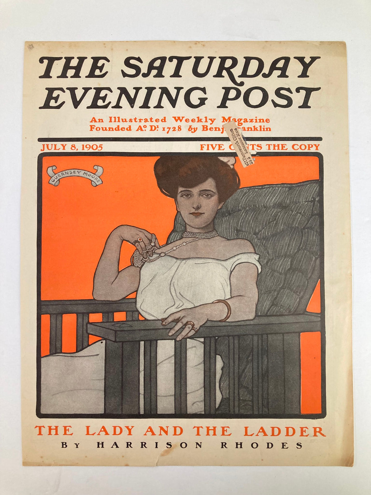 Cover of The Saturday Evening Post dated July 8, 1905, featuring the artwork 'The Lady and The Ladder' by Harrison Rhodes, showcasing vintage illustration style and historical charm.