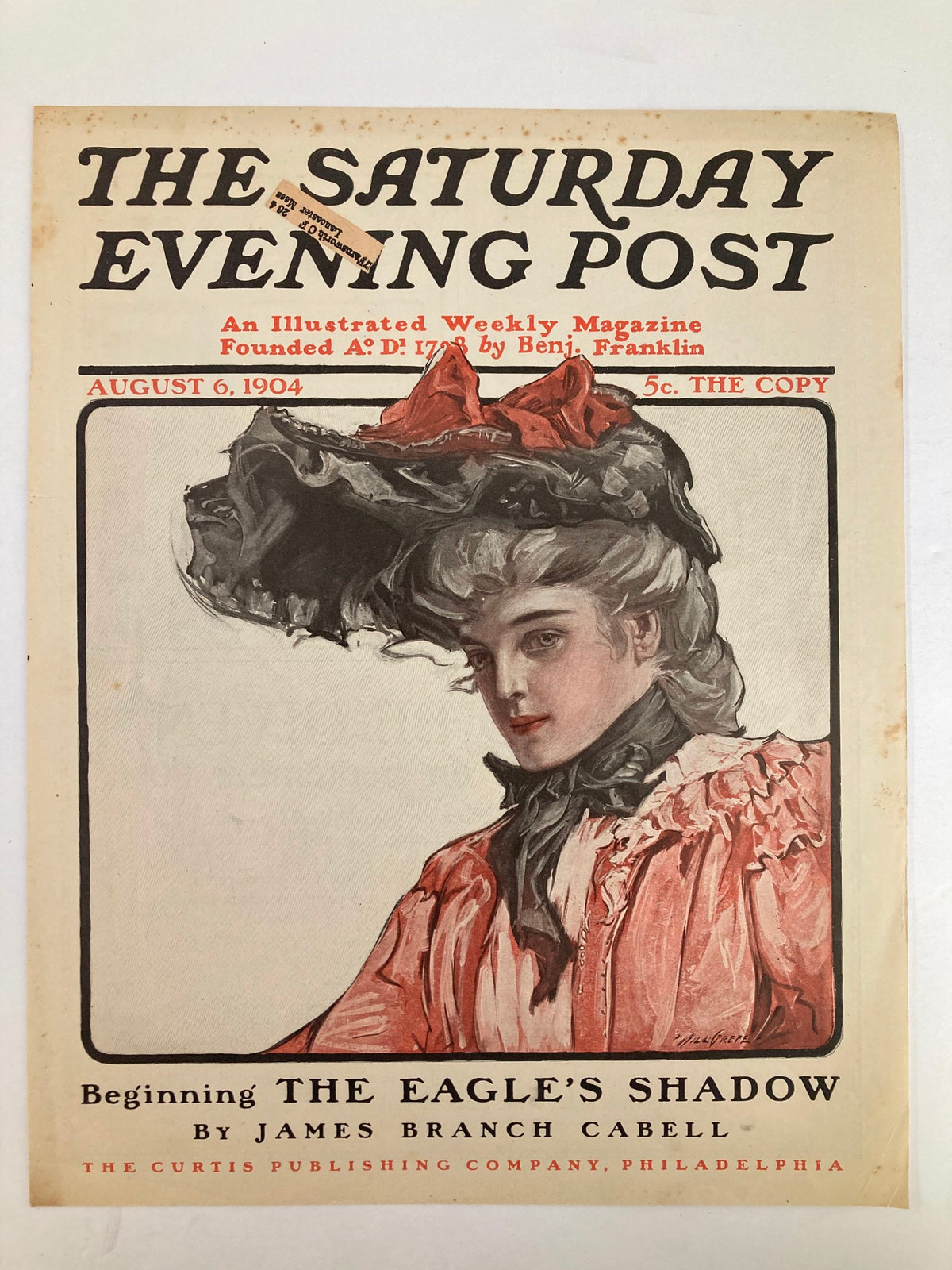 The Saturday Evening Post cover from August 6, 1904, displaying the title 'Beginning The Eagle's Shadow' with artistic illustration of a woman in period costume.