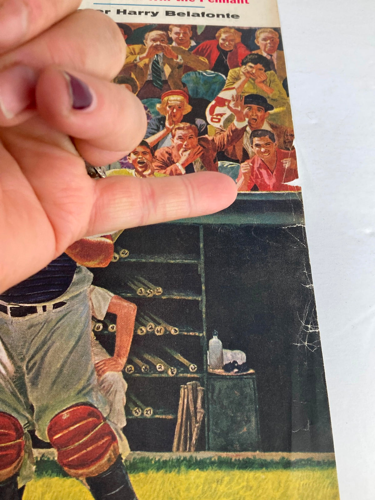 Close-up of The Saturday Evening Post April 20 1957 Cover with singer Harry Belafonte, capturing the excitement of the crowd.