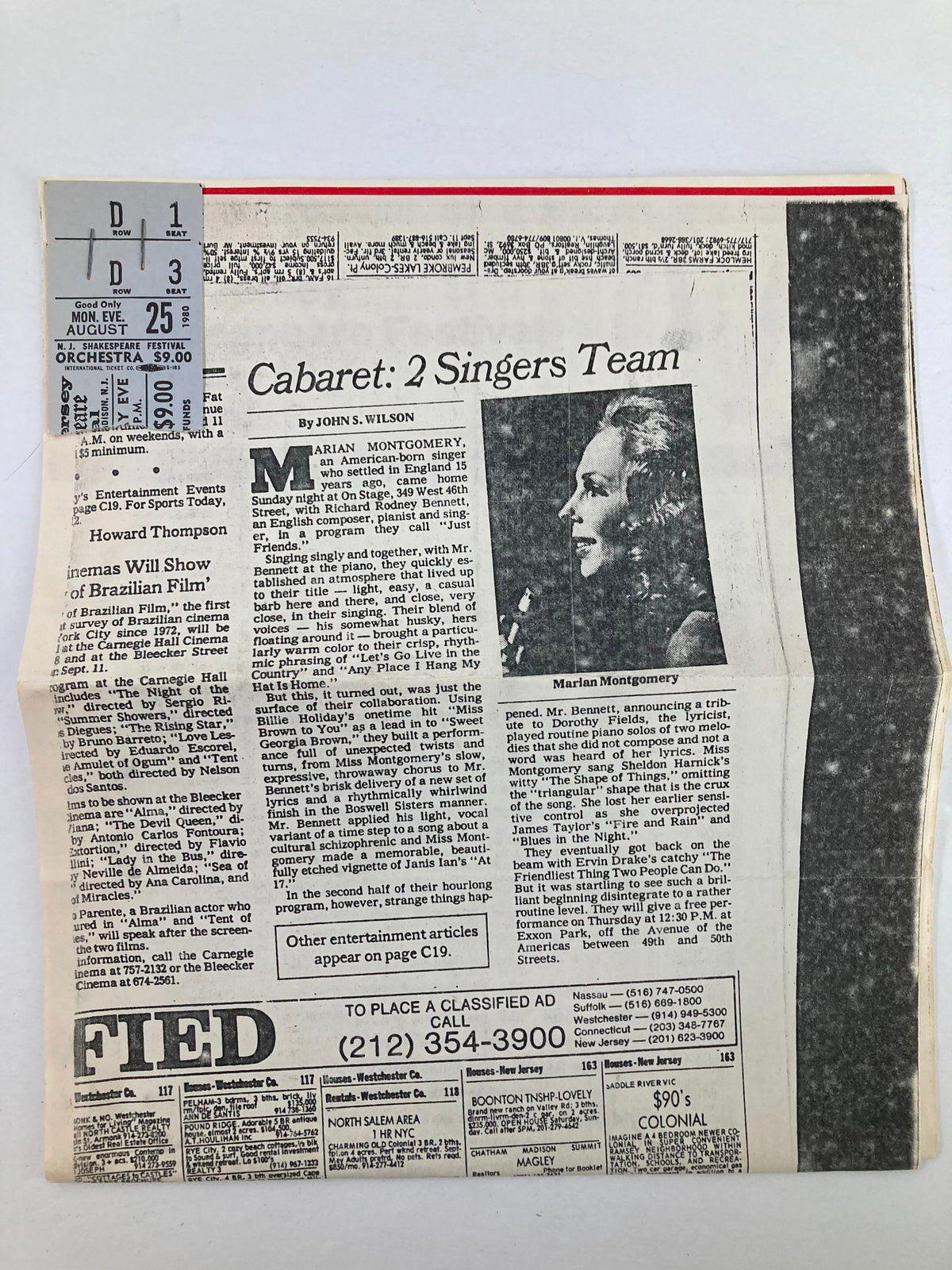 1980 Souvenir Program N.J. Shakespeare Festival Cabaret featuring an article about the two singers team, including a cover with a performance image and ticket information.