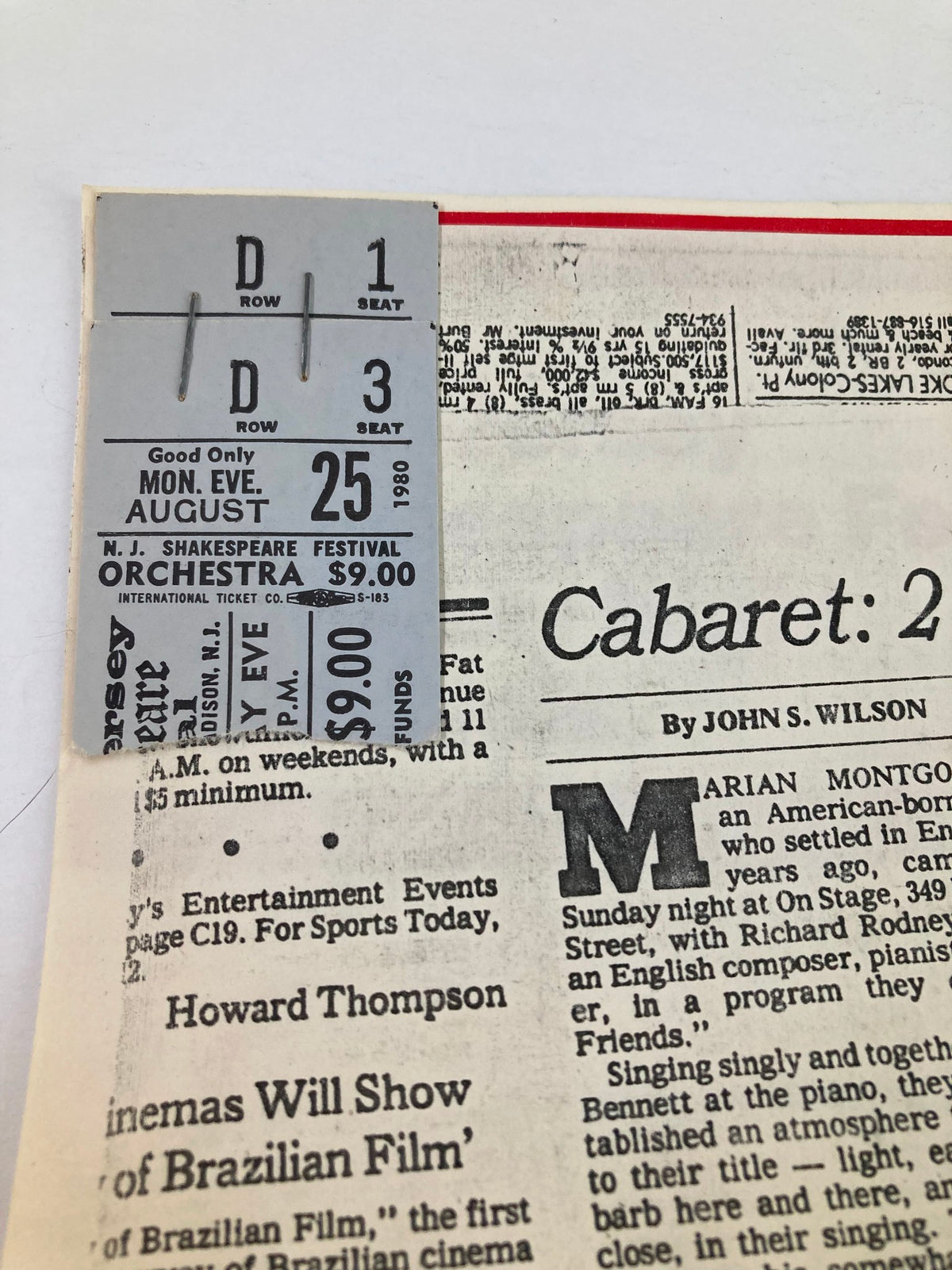 1980 Souvenir Program N.J. Shakespeare Festival Cabaret showing a close-up of the ticket attached to the program, highlighting seat and show details.