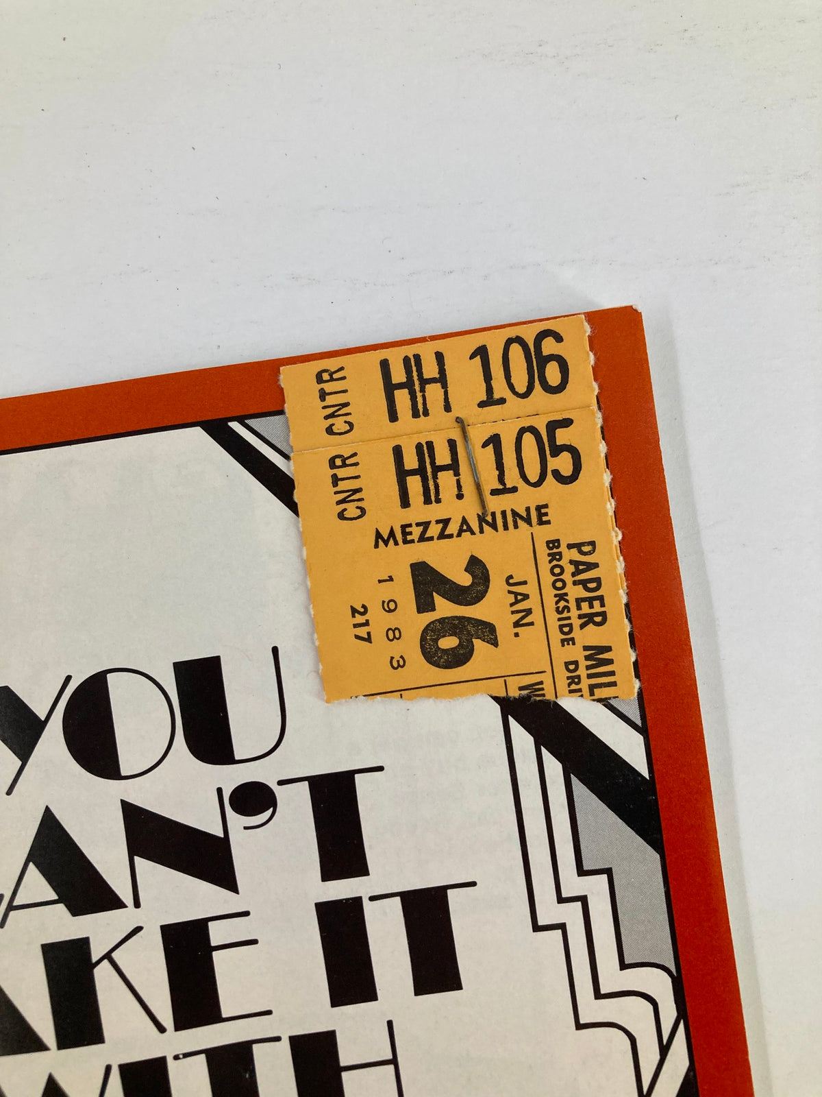 Ticket from the 1983 Paper Mill Playhouse production of You Can't Take It With You, featuring details on seating and performance date.