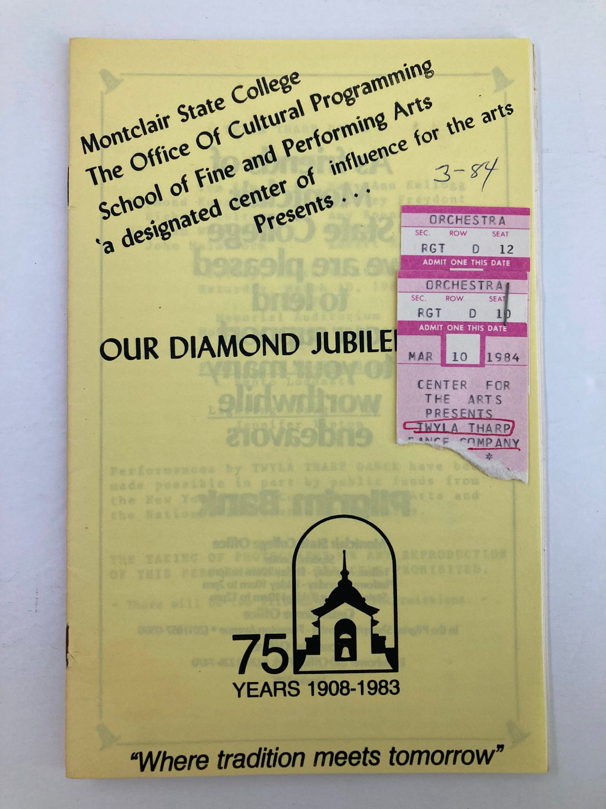 Cover of the 1984 Program Montclair State College Center for the Arts Presents Twyla Tharp, featuring the title 'Our Diamond Jubilee' and a vintage design.