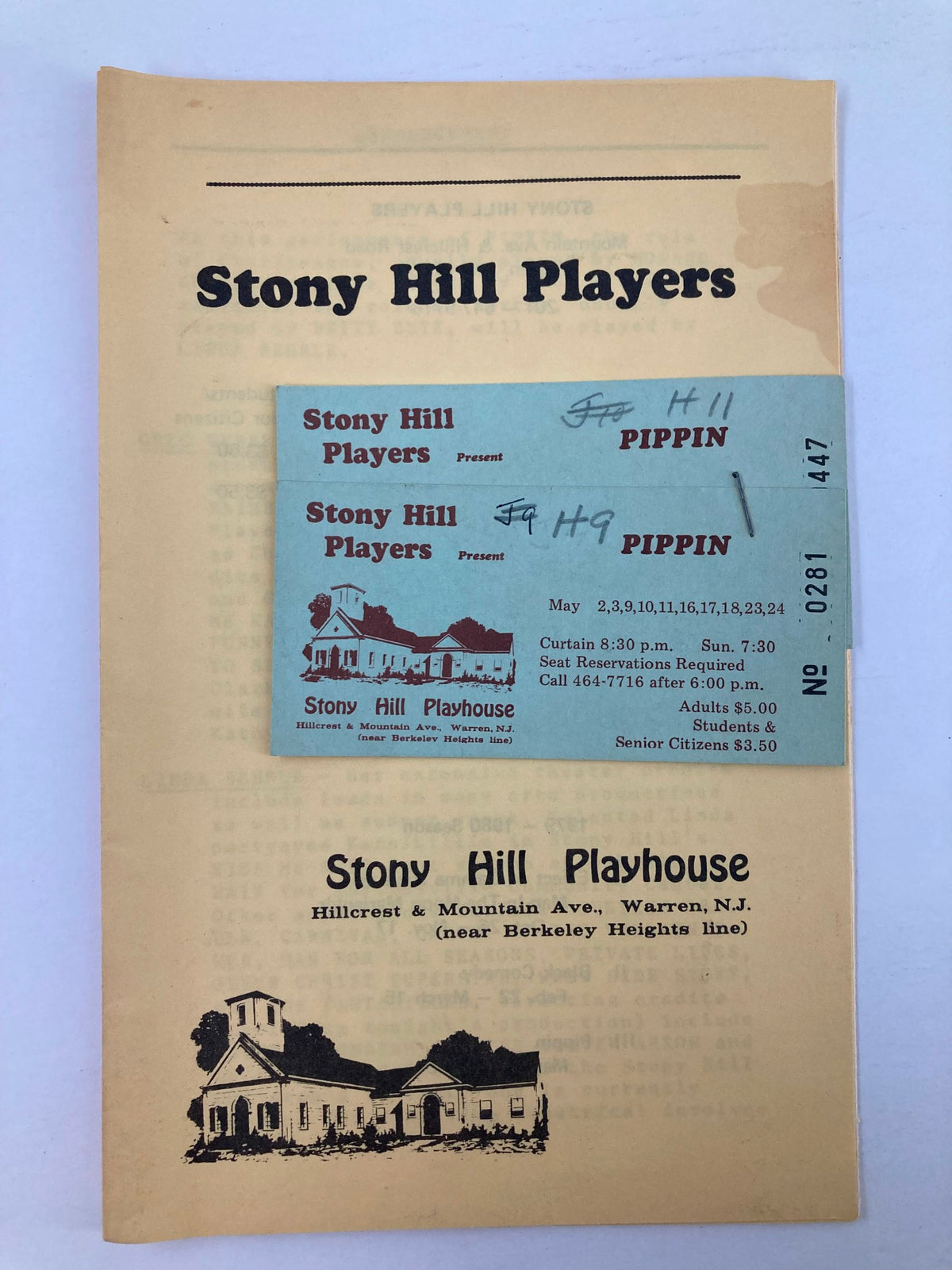 1972 Program for Stony Hill Players featuring Pippin with an original ticket stub included.