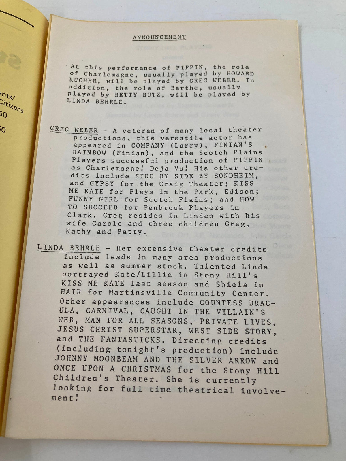 1972 Program announcement page for Pippin from Stony Hill Players detailing cast and crew information.