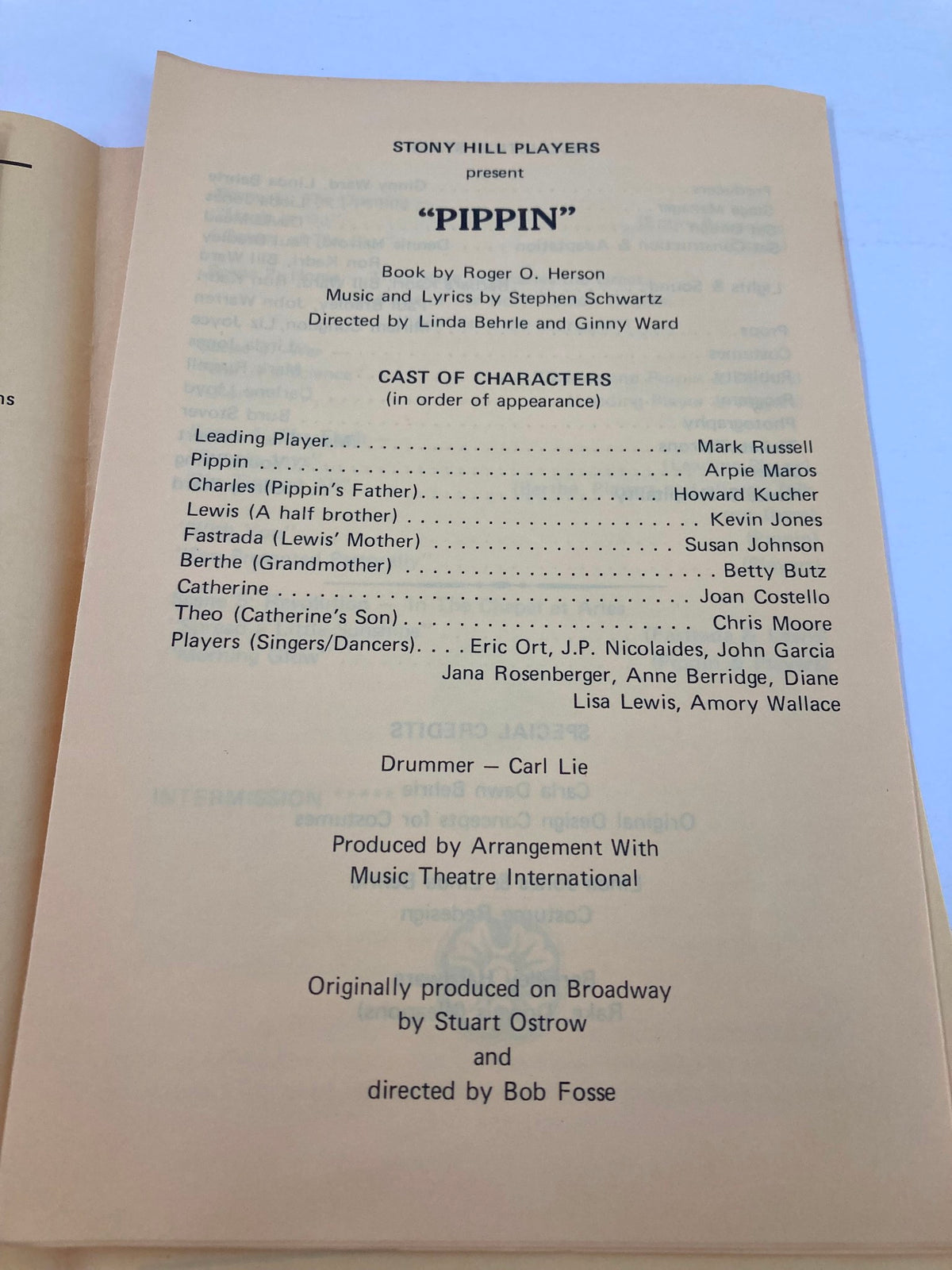 1972 Stony Hill Players program for Pippin listing the full cast and production details.