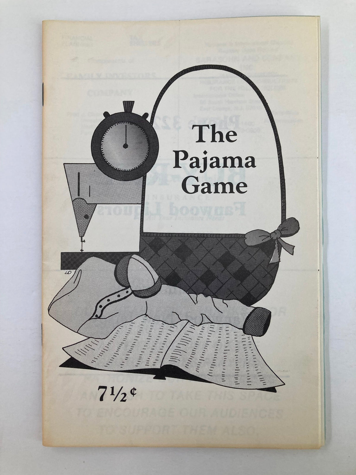 Cover of the 1980 Program for 'The Pajama Game' by Richard Engler, featuring graphic design elements including a clock, a basket, and a layout of fabric.