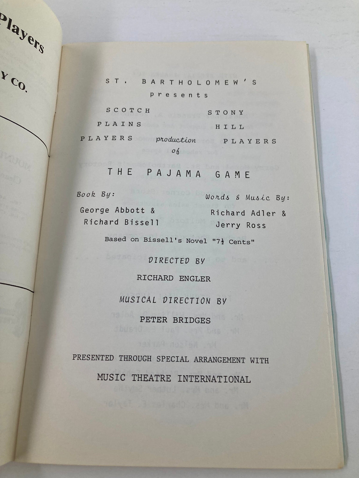 Inside page of the 1980 Program 'The Pajama Game' directed by Richard Engler, detailing the production credits and musical direction.