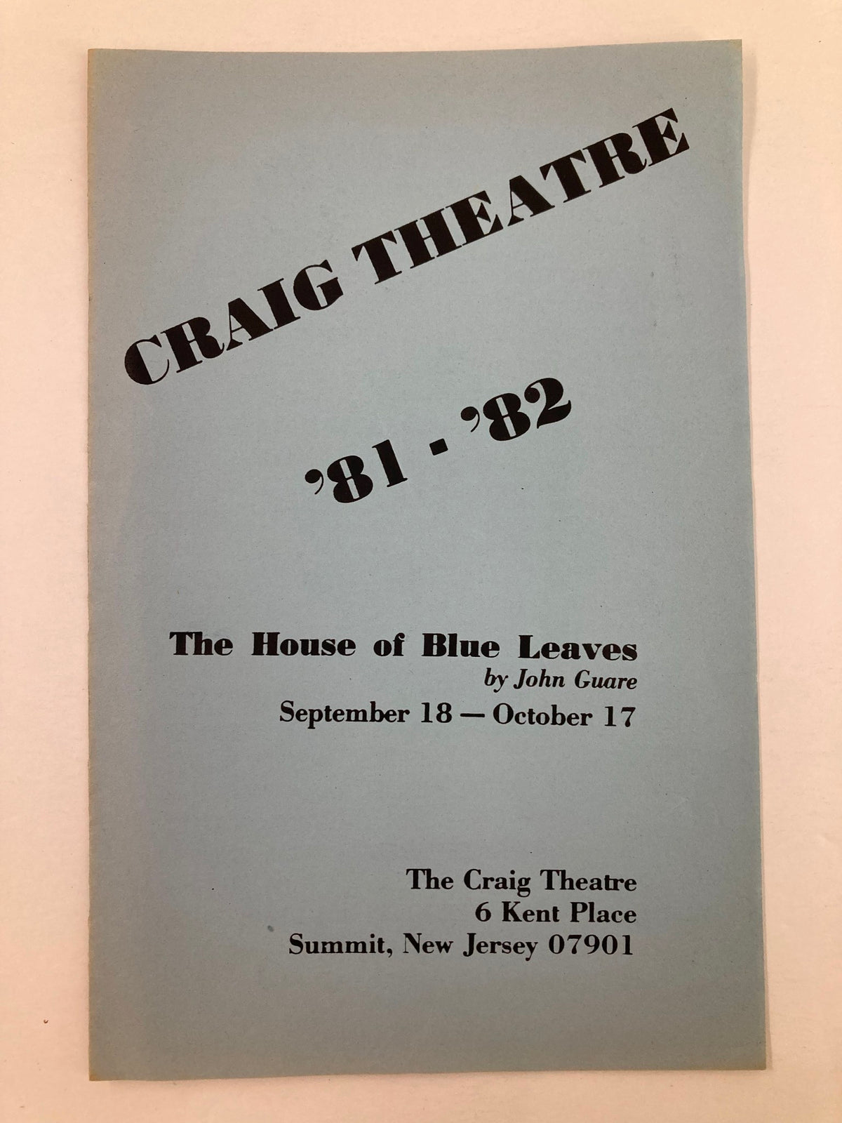 1981 Program for Craig Theatre's The House of Blue Leaves featuring details about the production, including date and venue information.
