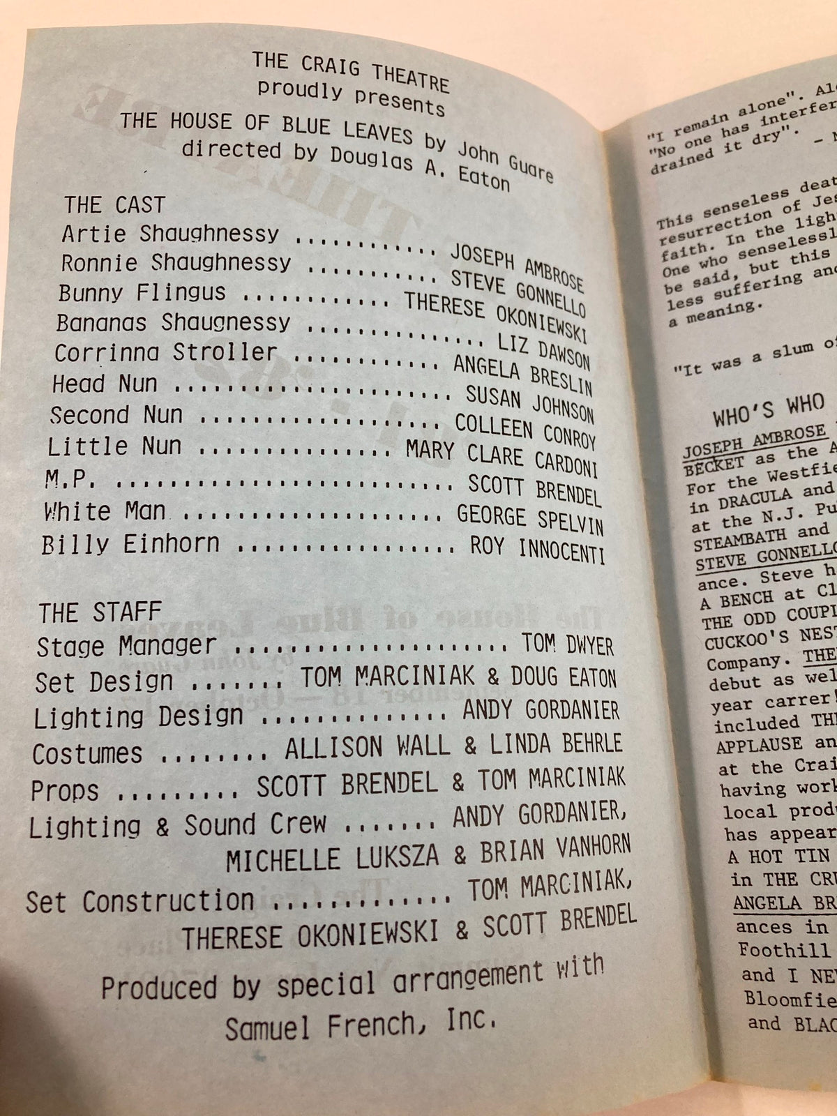 Interior page of the 1981 Craig Theatre program for The House of Blue Leaves, listing cast and crew members, and production staff details.
