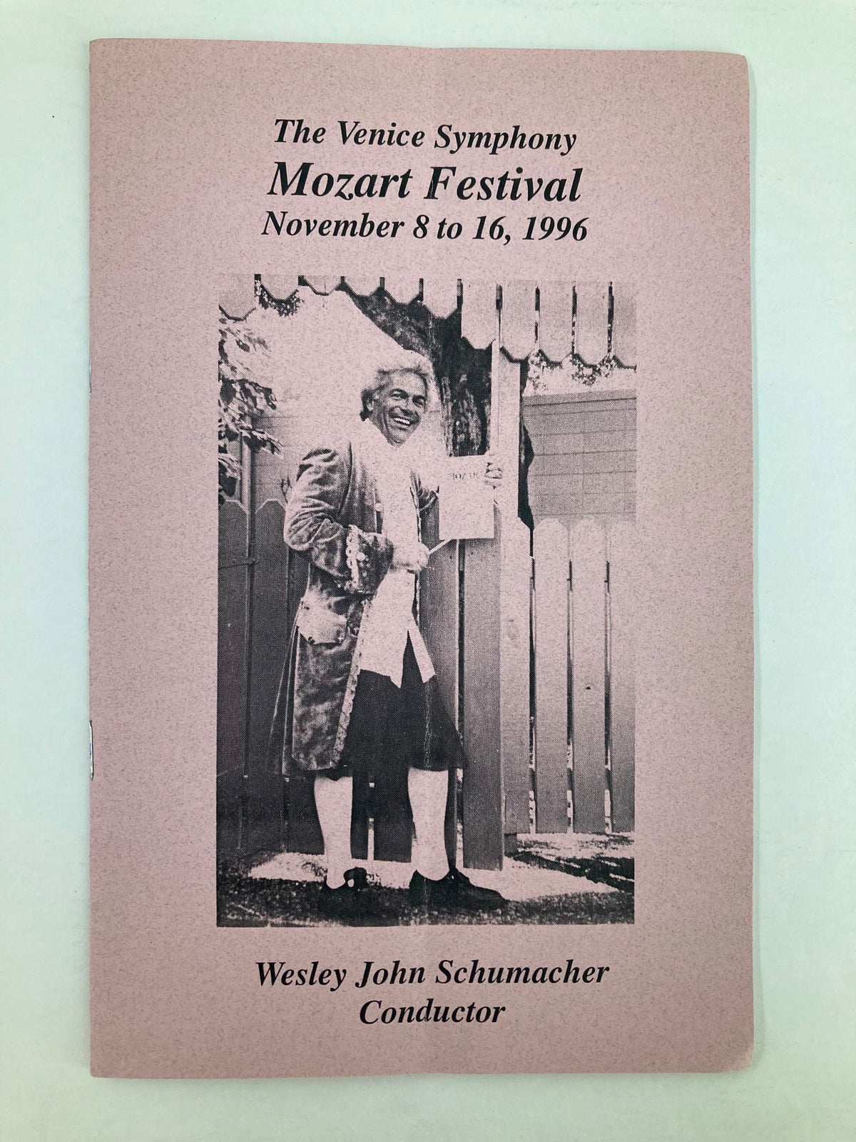 1996 Program for The Venice Symphony featuring conductor Wesley John Schumacher, showcasing the Mozart Festival, November 8 to 16, 1996.