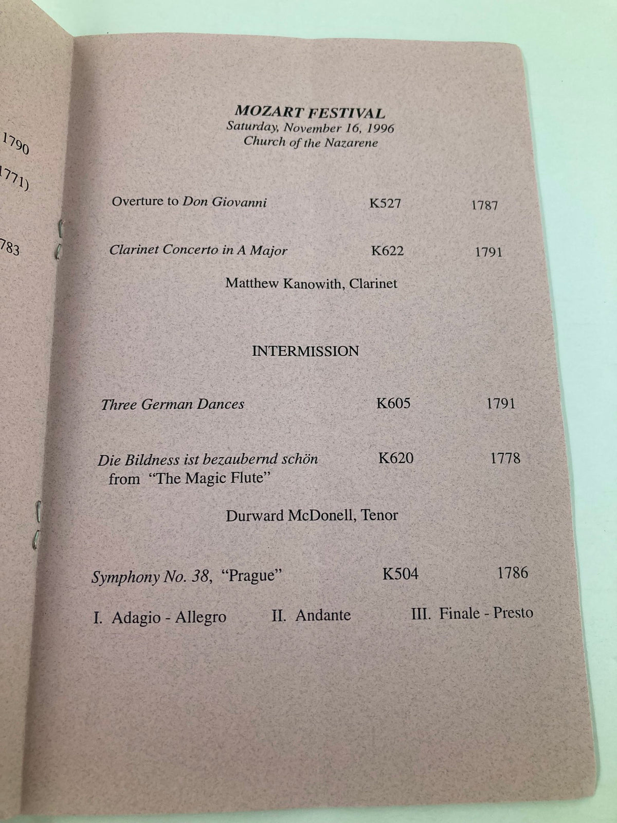 Inside page of the 1996 Program for The Venice Symphony's Mozart Festival, detailing the musical pieces performed, including 'Overture to Don Giovanni' and features performers.