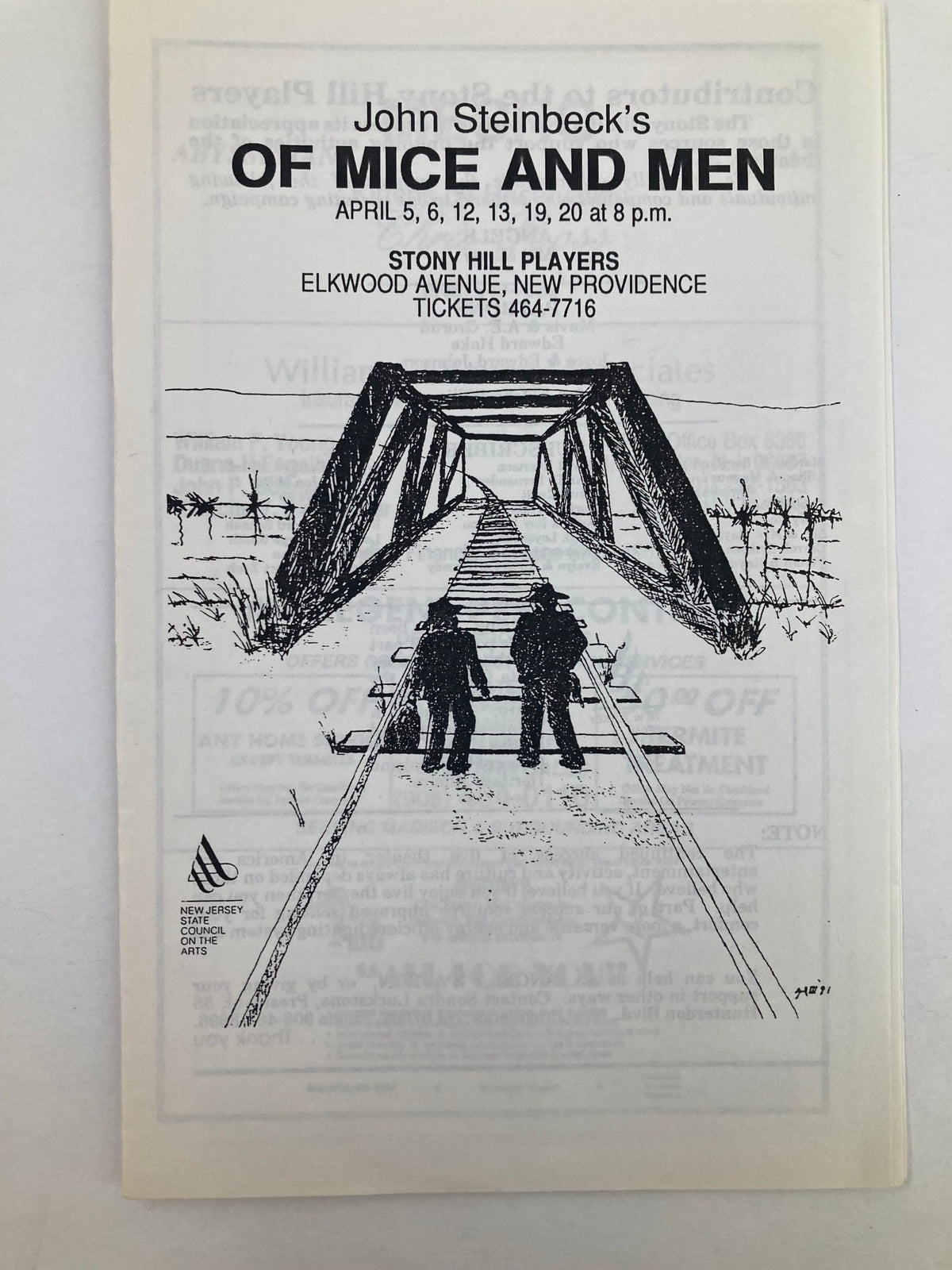 1978 Program for Stony Hill Players production of John Steinbeck's Of Mice and Men featuring an illustration of two characters walking on a bridge, showing performance details and dates.