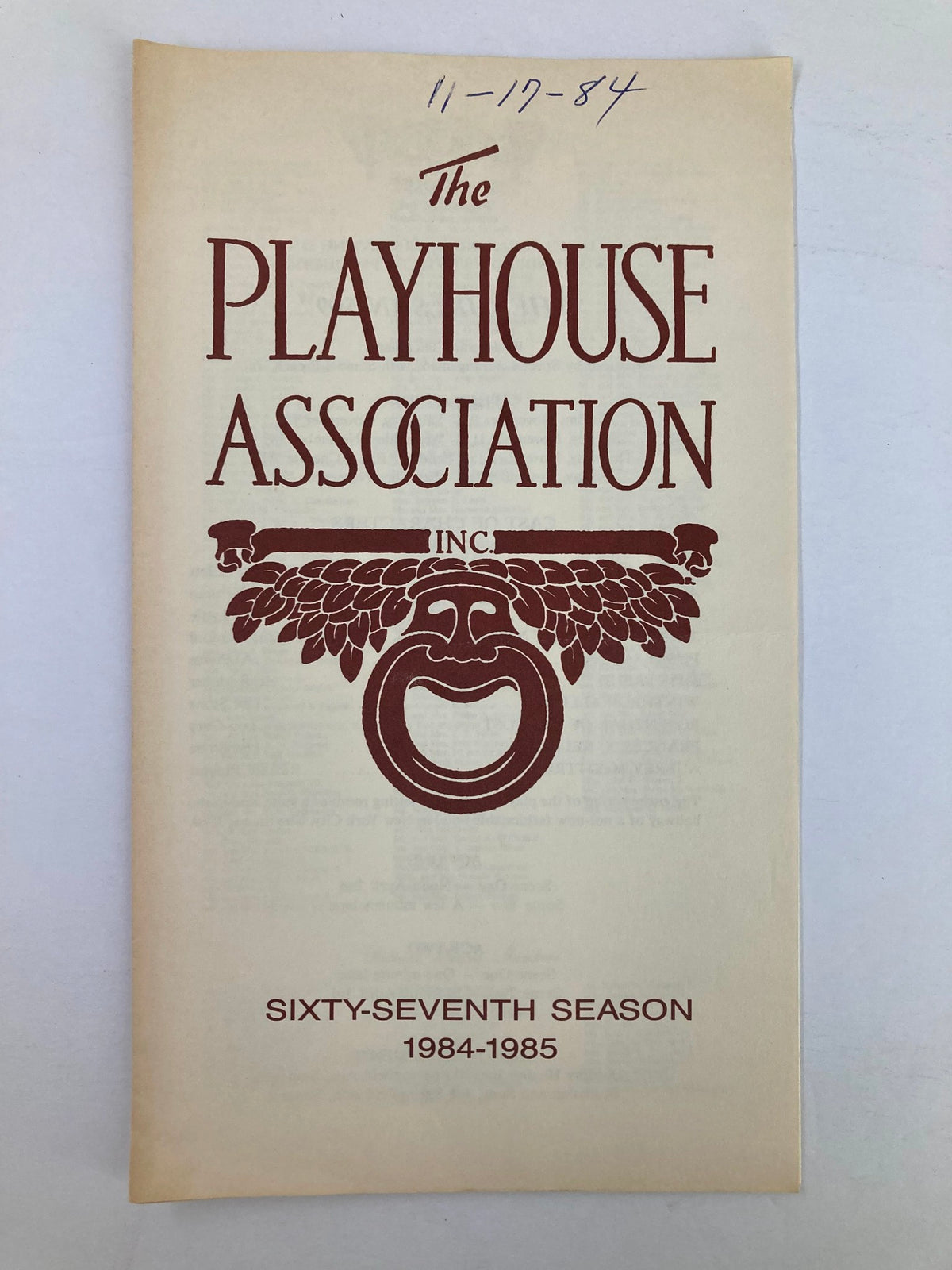 Cover of the 1984 program for The Girls in 509 by Howard Teichmann, presented by The Playhouse Association, featuring a decorative emblem and the title prominently displayed.