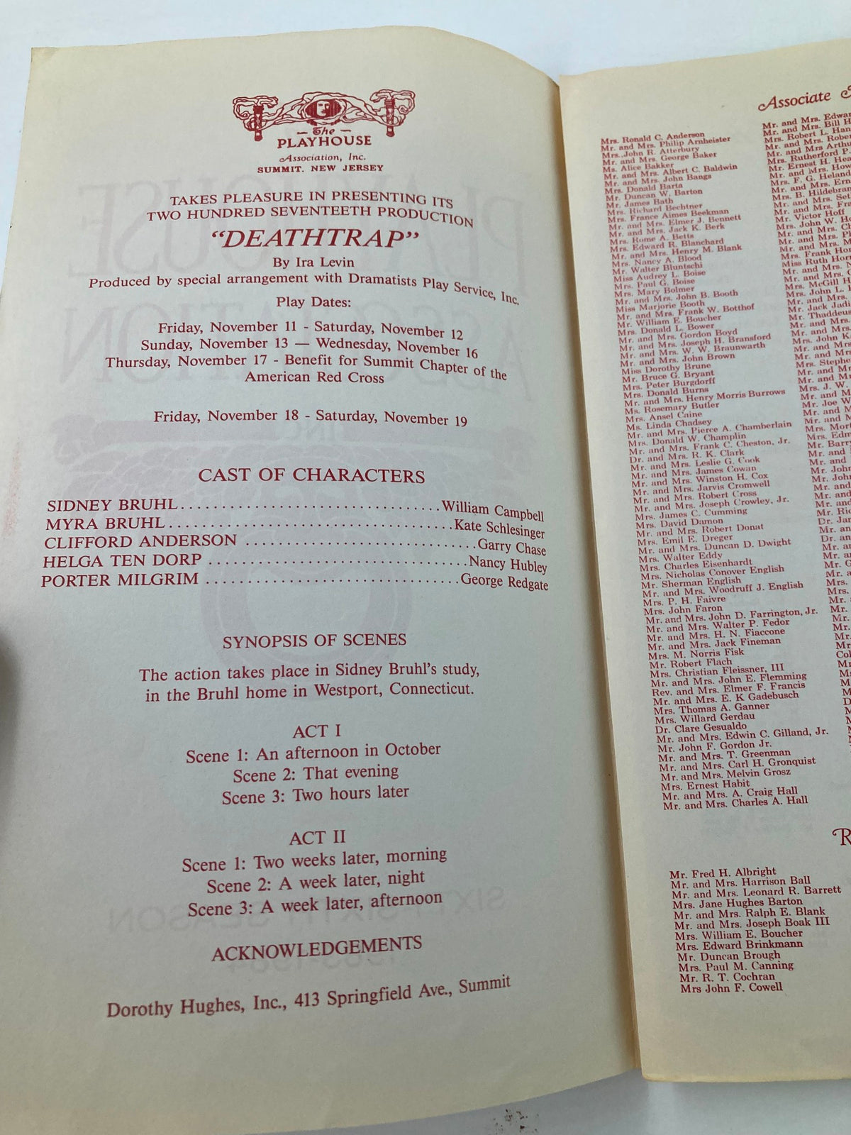 Interior page of the 1983 program for 'Deathtrap' by Ira Levin, detailing the cast of characters and play dates, highlighting production information from The Playhouse Association.