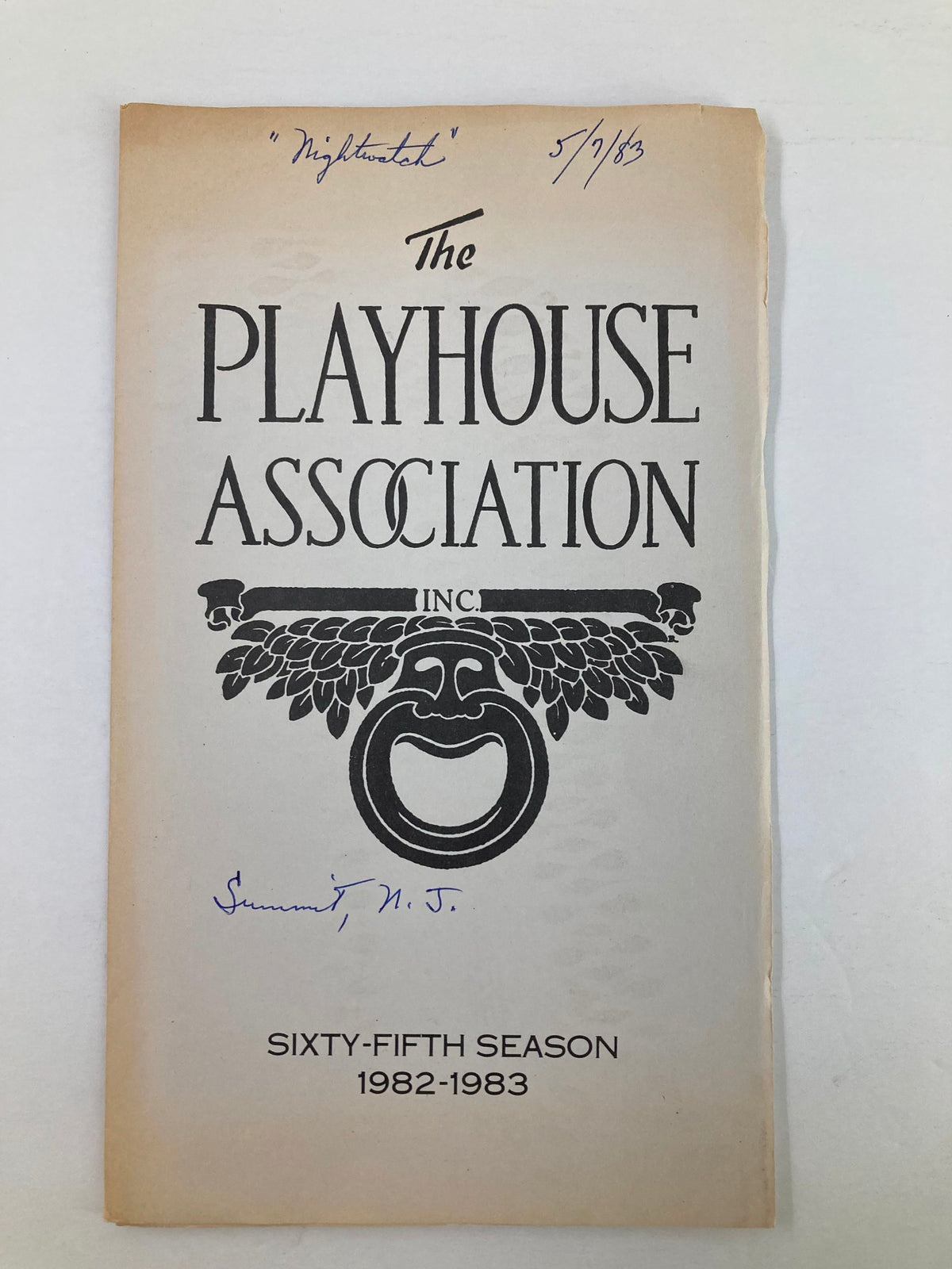 Cover of the 1983 Program 'The Playhouse Association Night Watch' featuring a decorative mask and text details about the sixty-fifth season of the Playhouse Association.