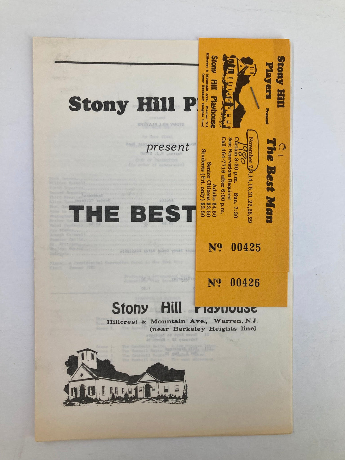 1980 program for Stony Hill Players presentation of The Best Man by Gore Vidal, featuring the program cover and ticket stubs stapled together.
