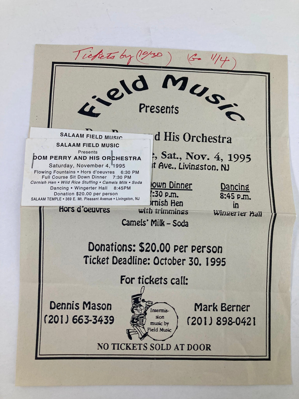 1995 Program Salaam Field Music Presents Dom Perry and His Orchestra - event ticket and program featuring details of the dinner event held on November 4, 1995, in Livingston, NJ.
