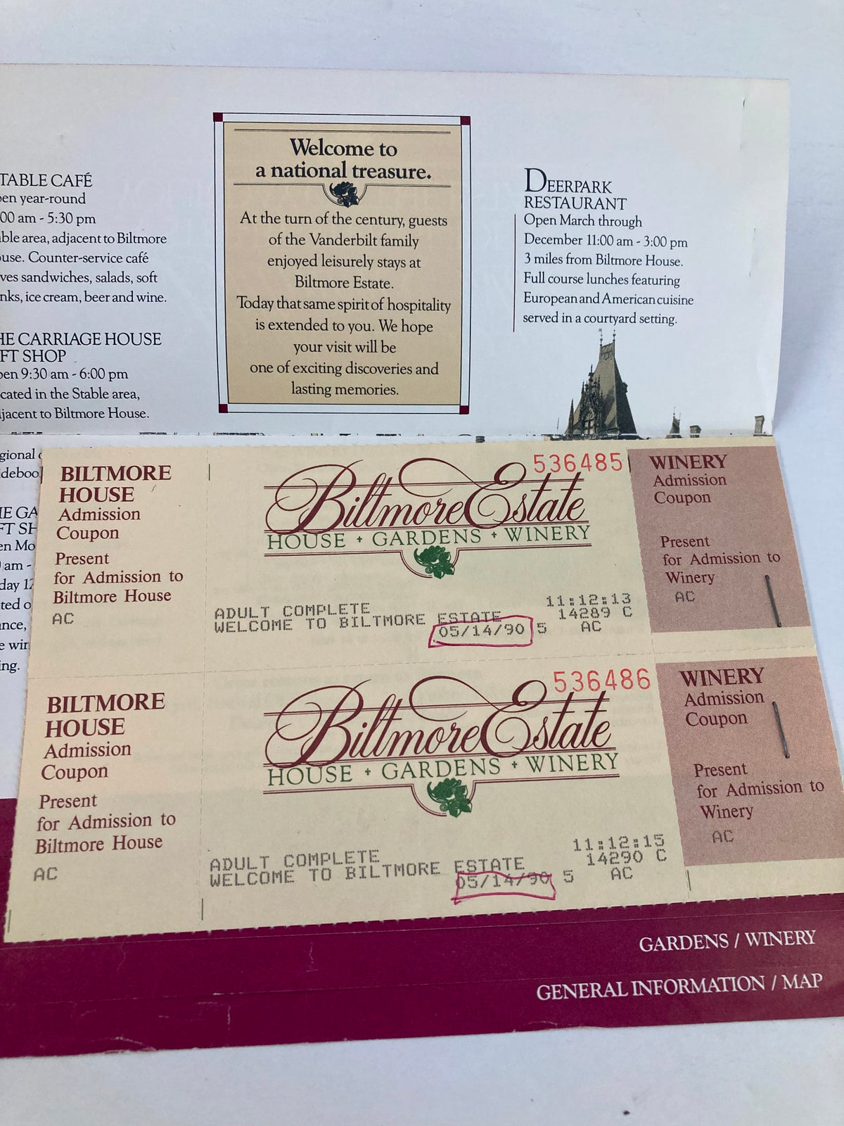 1990 Program Biltmore Estate House, Garden and Winery tickets displayed together, showcasing admission details and the iconic estate branding.