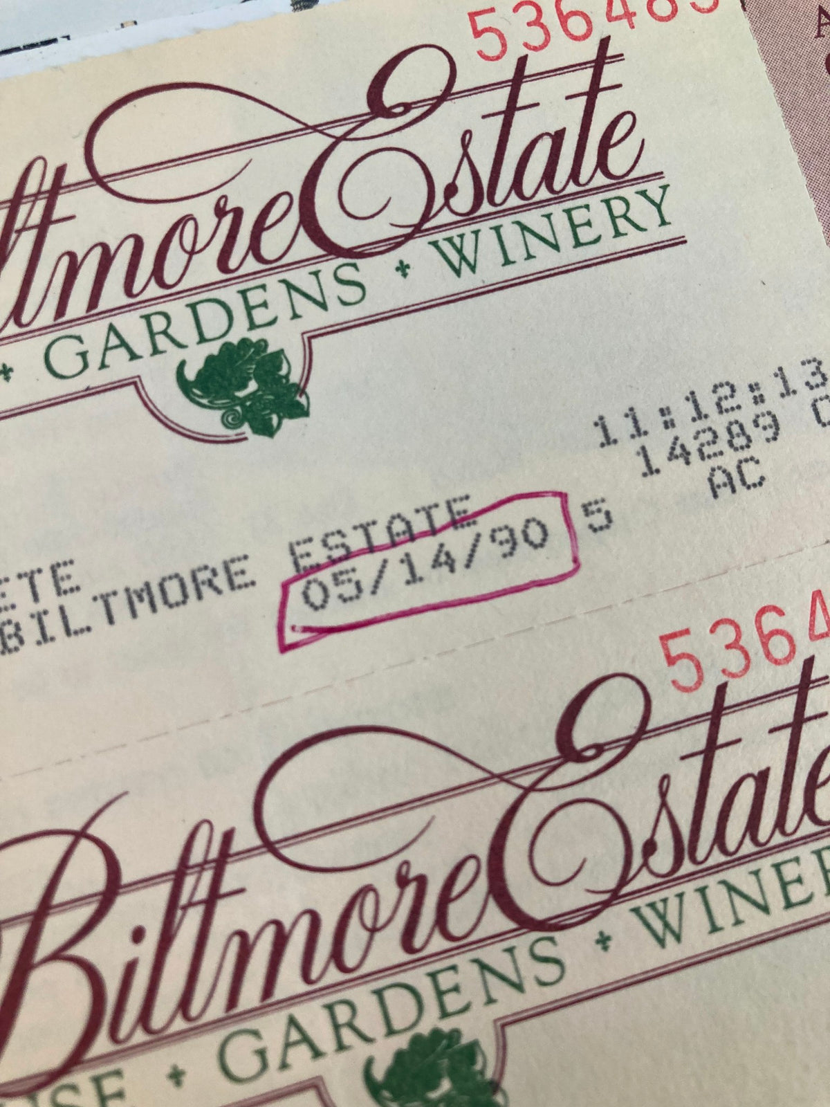 Close-up of the 1990 Biltmore Estate House, Garden and Winery ticket featuring date details and estate identification for historical reference.