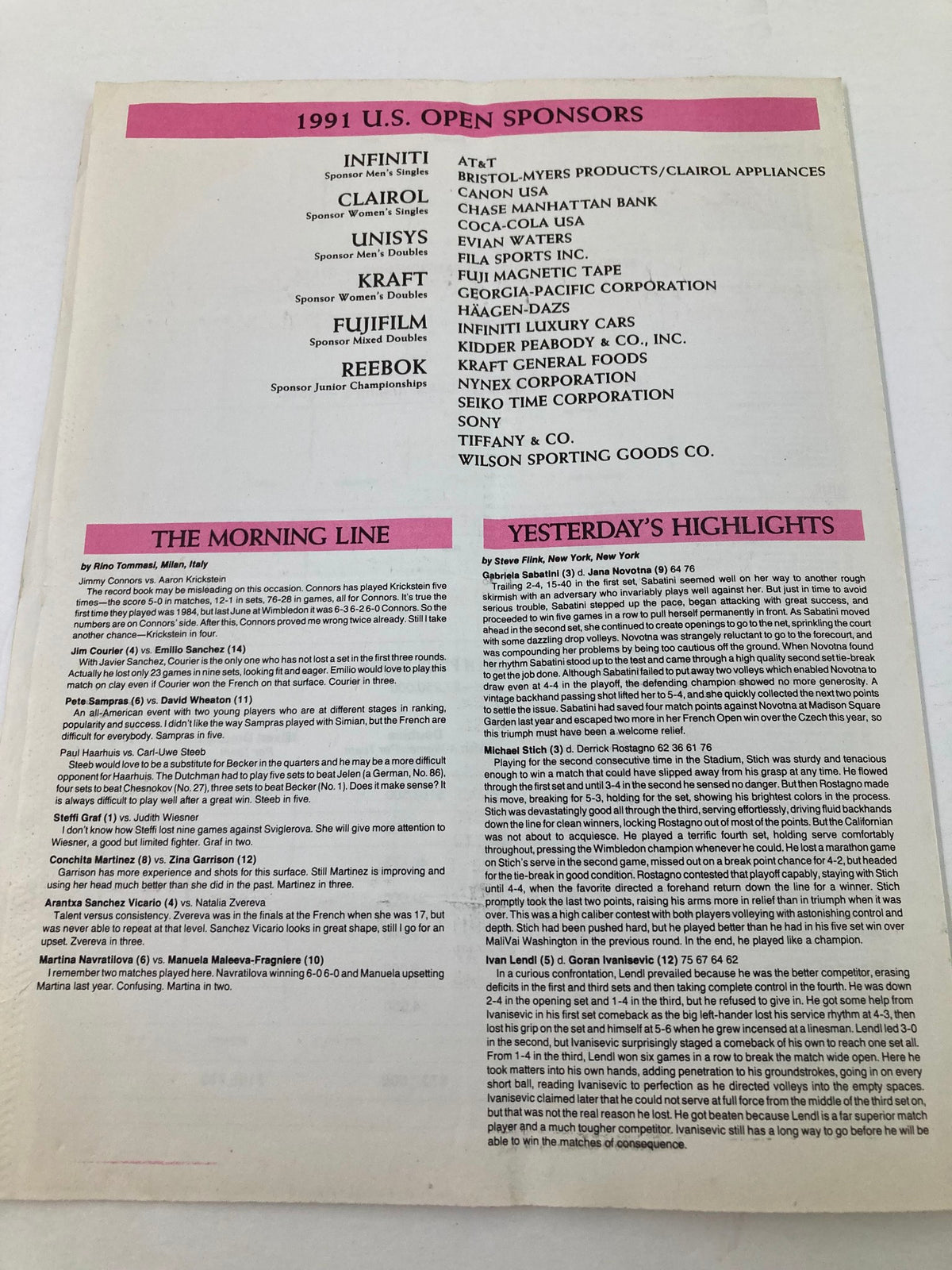 Back cover of the 1991 Daily Draw Sheet Program USTA Open Women's Single Championship, listing sponsors and notable highlights from the tournament.
