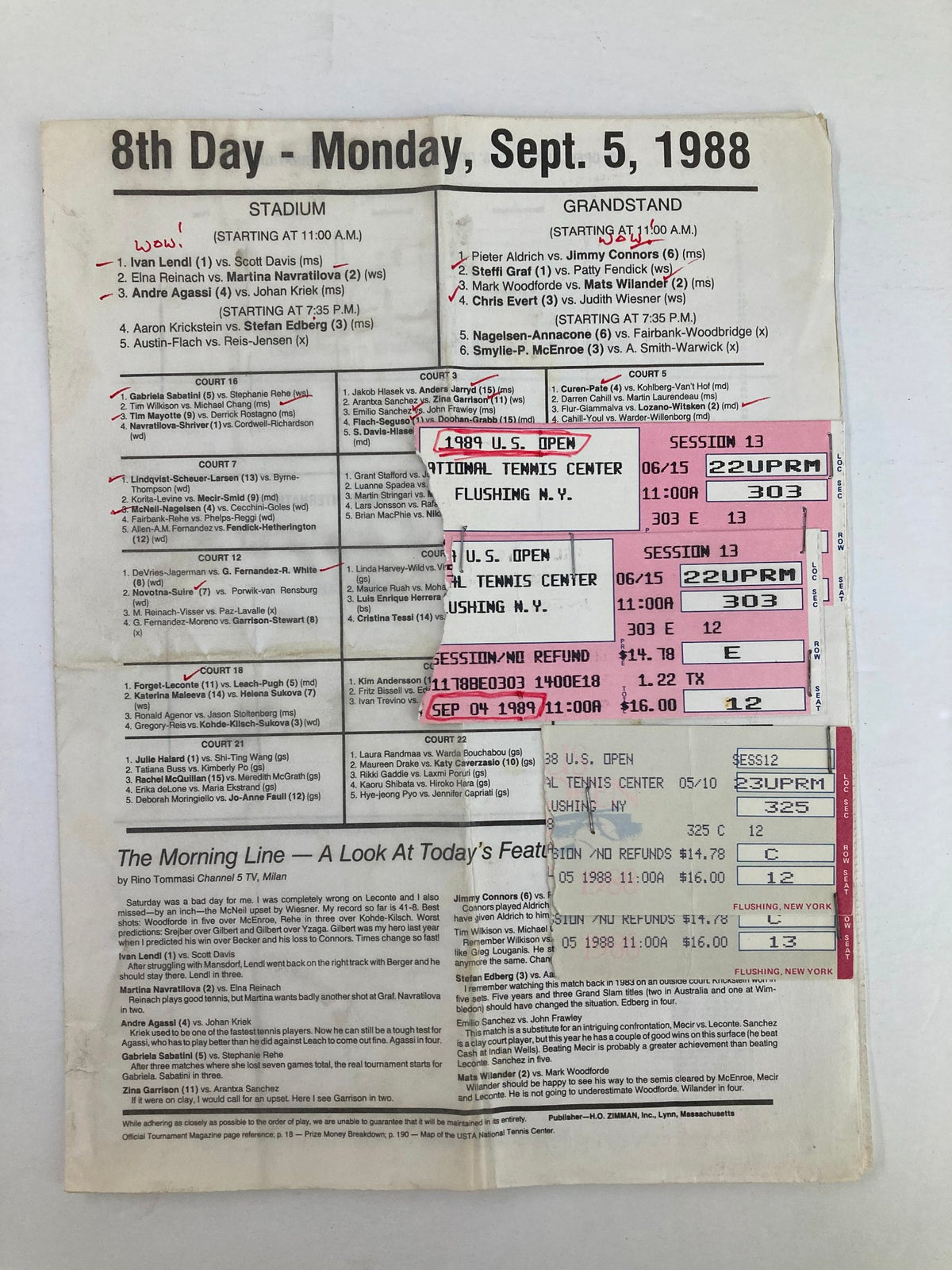 1988 Program USTA Open Women's Single Championship - Back cover with event details and schedule.