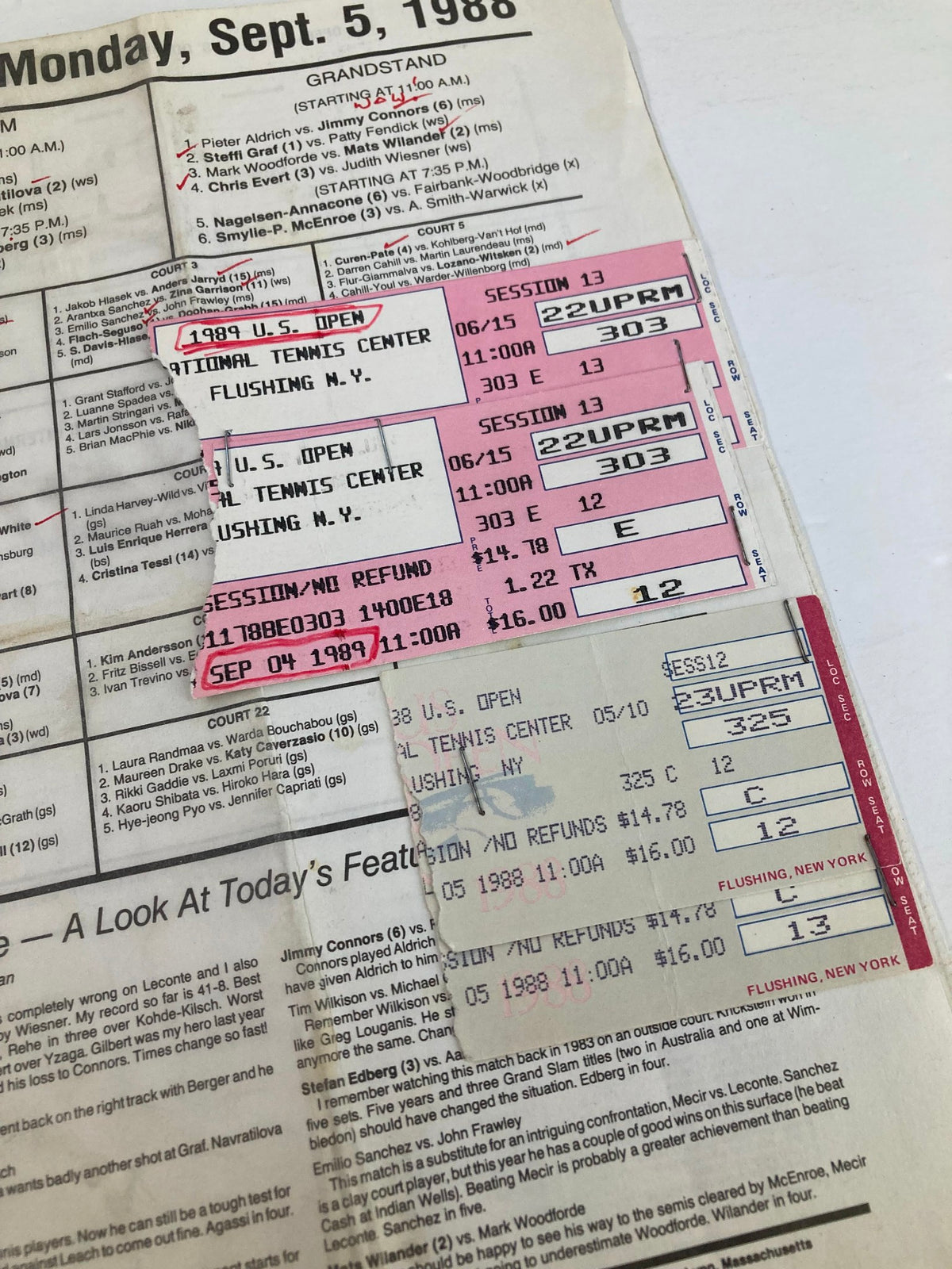 1988 Program USTA Open Women's Single Championship - Ticket attached to the program, showing refund details.