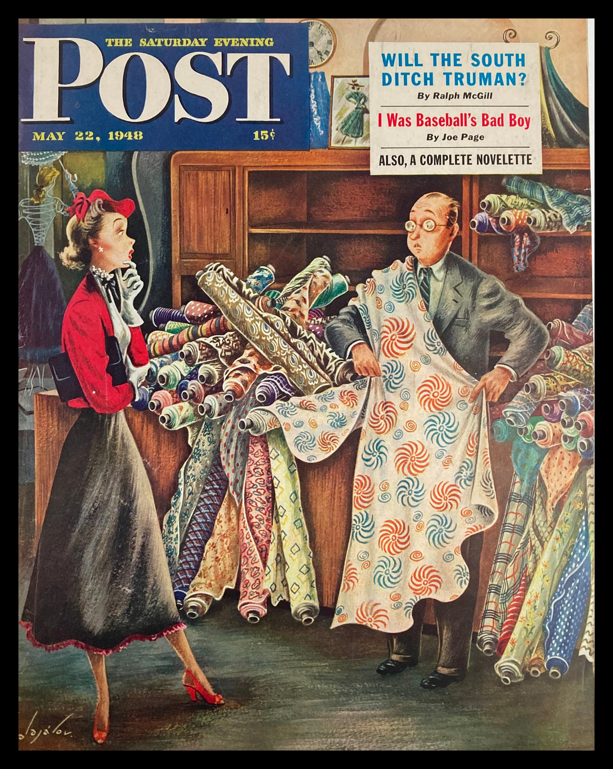 Cover of The Saturday Evening Post from May 22, 1948, featuring the article 'I Was Baseball's Bad Boy' with vintage artwork depicting a man and a woman in a fabric store.