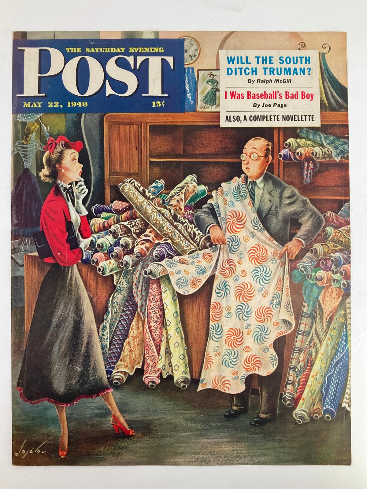Vintage magazine cover of The Saturday Evening Post, May 22, 1948, highlighting 'I Was Baseball's Bad Boy,' showcasing a colorful fabric store scene.