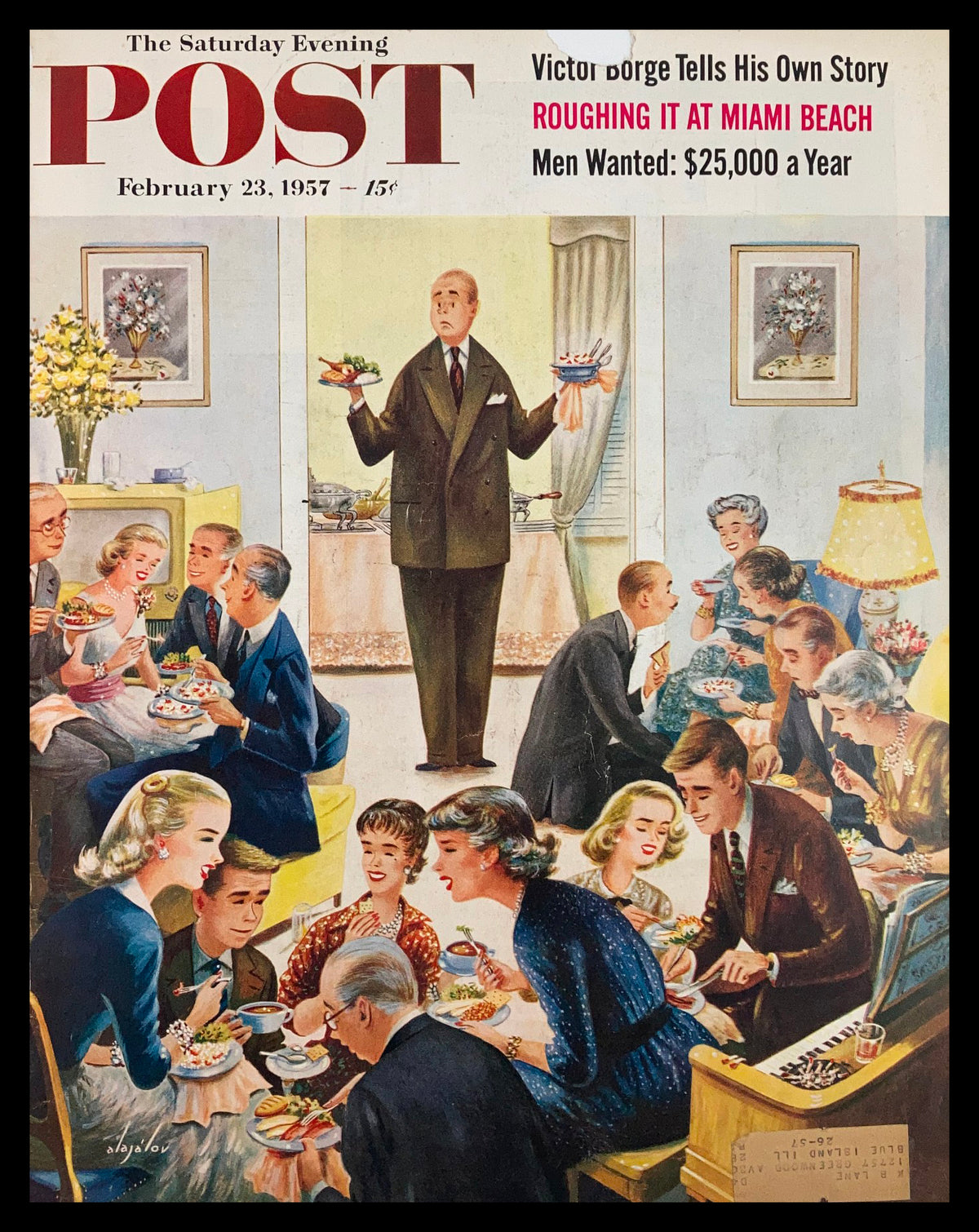 Cover art of The Saturday Evening Post from February 23, 1957, titled 'Roughing It at Miami Beach,' depicting a vibrant social scene of mid-century America, featuring elegantly dressed individuals enjoying a gathering with food and drinks.