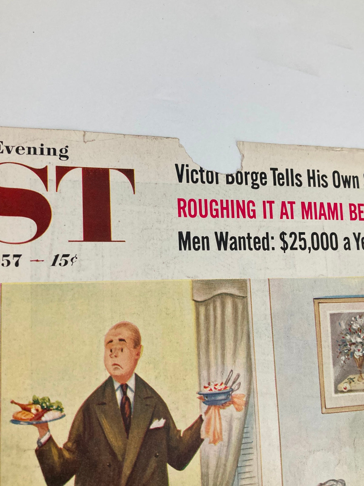 Close-up of the COVER ONLY The Saturday Evening Post February 23 1957, focused on a man serving food at a 1950s gathering, featuring the title 'Roughing It at Miami Beach.'