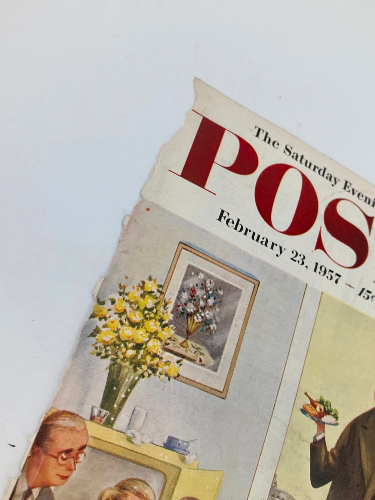 Detail of the COVER ONLY The Saturday Evening Post February 23 1957, showcasing a corner of the magazine cover with floral decorations and a man serving dishes, titled 'Roughing It at Miami Beach.'