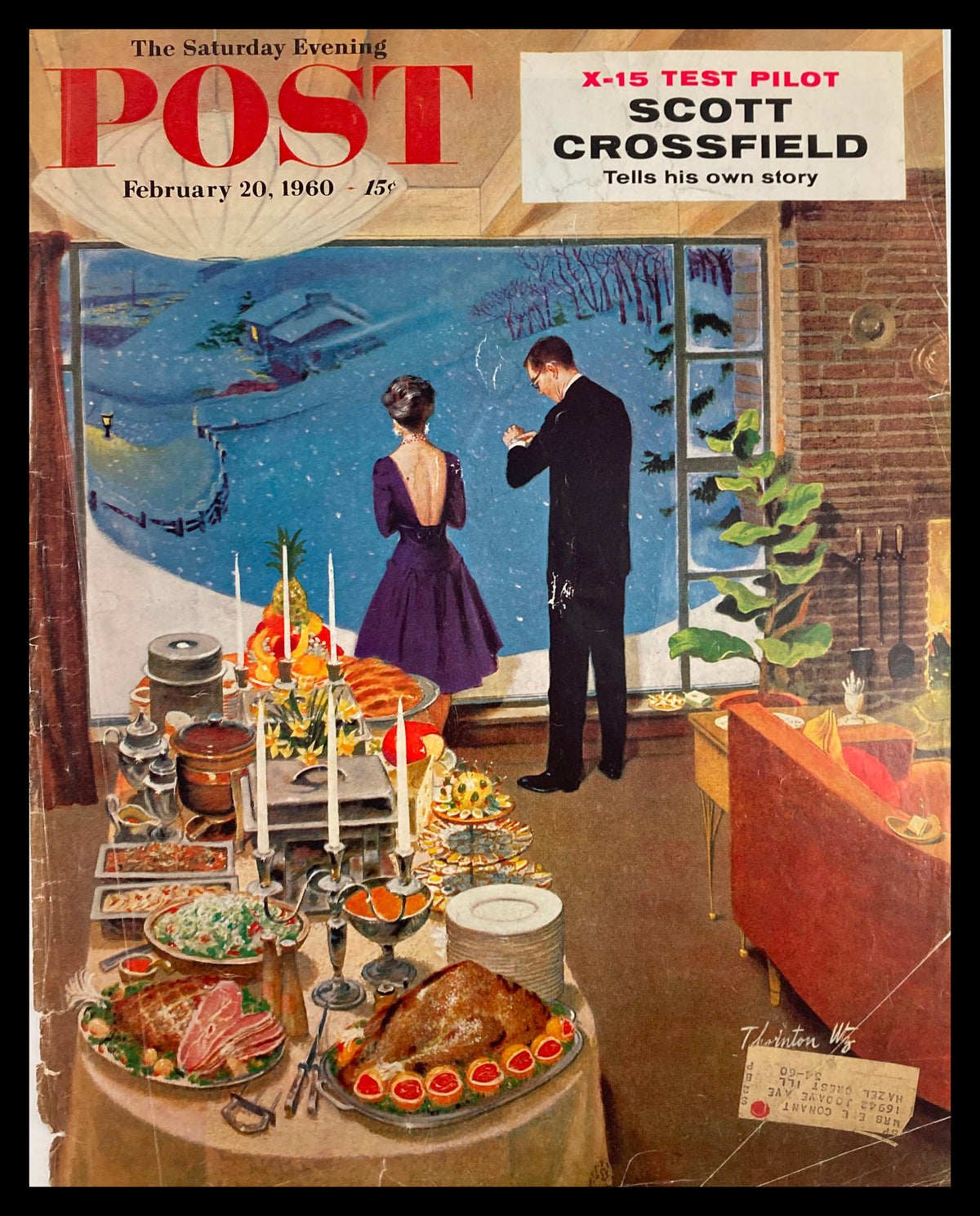 Cover of The Saturday Evening Post from February 20, 1960, featuring a scene with a beautifully set dining table and a couple gazing out at a winter landscape, highlighting iconic pilot Scott Crossfield as the subject.