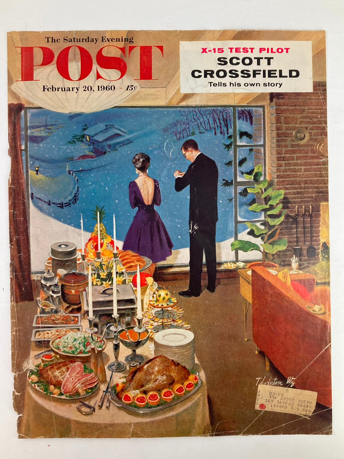 Cover of The Saturday Evening Post February 20, 1960, featuring iconic pilot Scott Crossfield, showcasing a dinner scene with elegant dining decor and couples enjoying a winter view.
