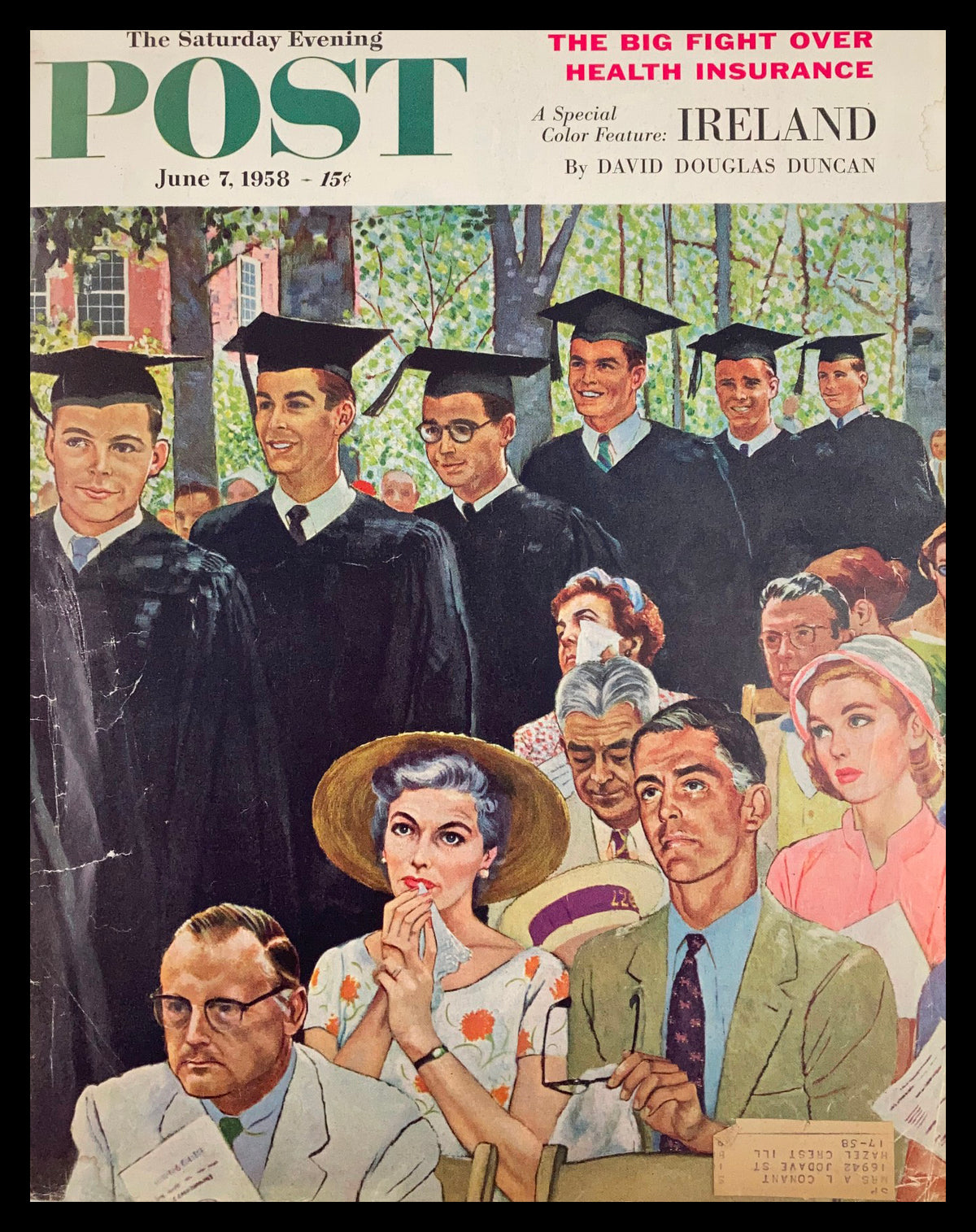 Cover of The Saturday Evening Post dated June 7, 1958, featuring a graduation ceremony scene with graduates in caps and gowns and an audience reacting, highlighting the theme of health insurance.