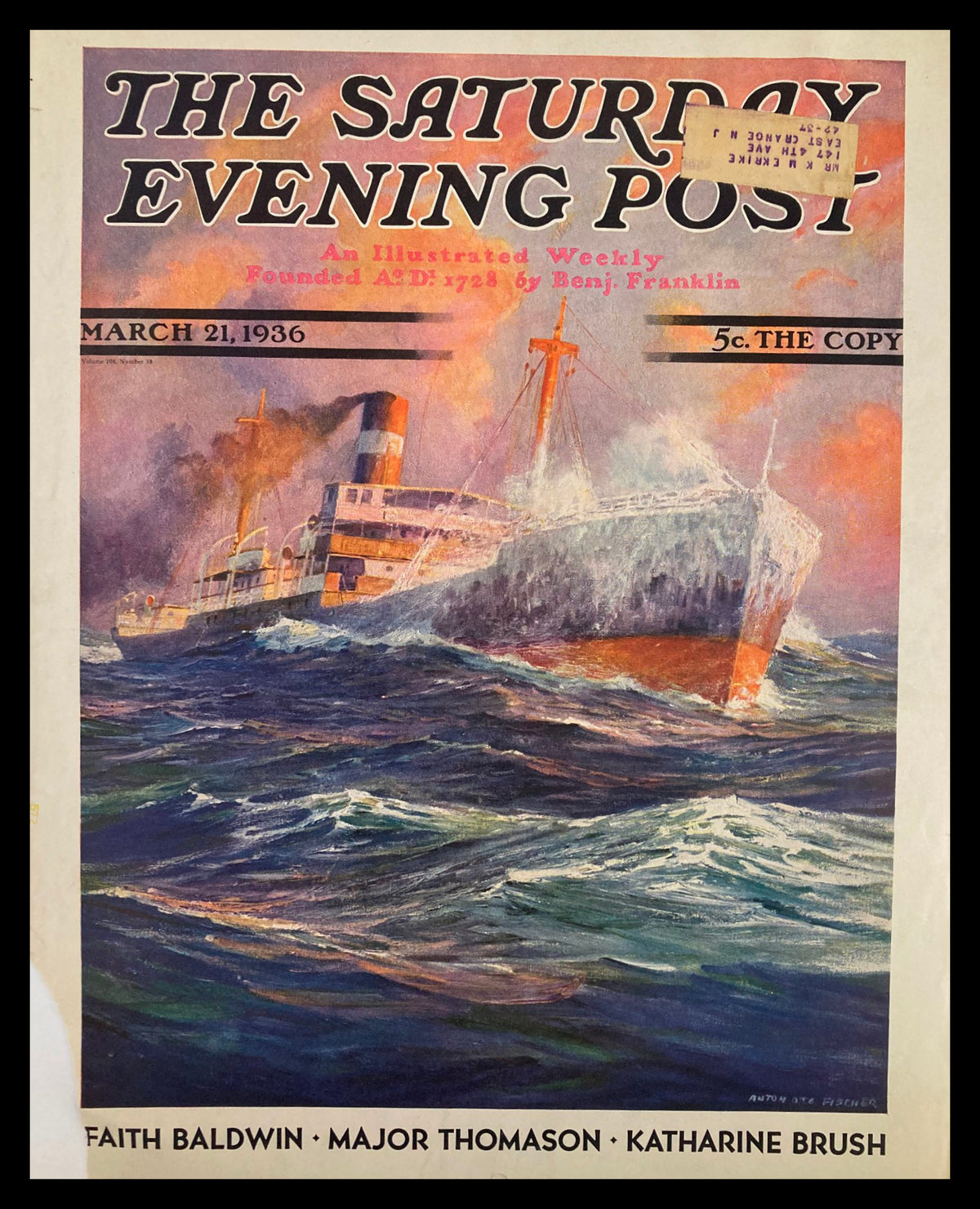 Cover of The Saturday Evening Post dated March 21, 1936, featuring a colorful depiction of a ship at sea, showcasing vintage artistry by Katharine Brush.