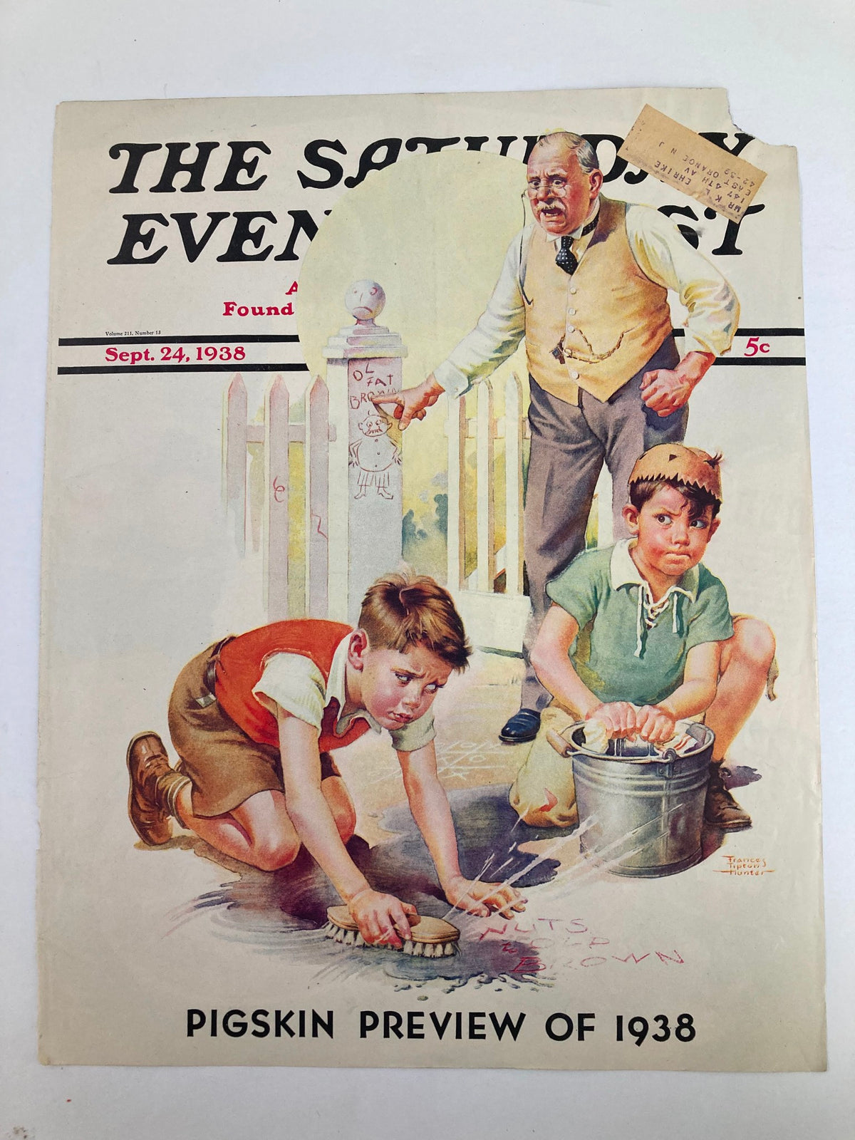 The Saturday Evening Post cover from September 24, 1938, showcasing the 'Pigskin Review of 1938,' depicting two boys scrubbing a porch and an older man confronting them.