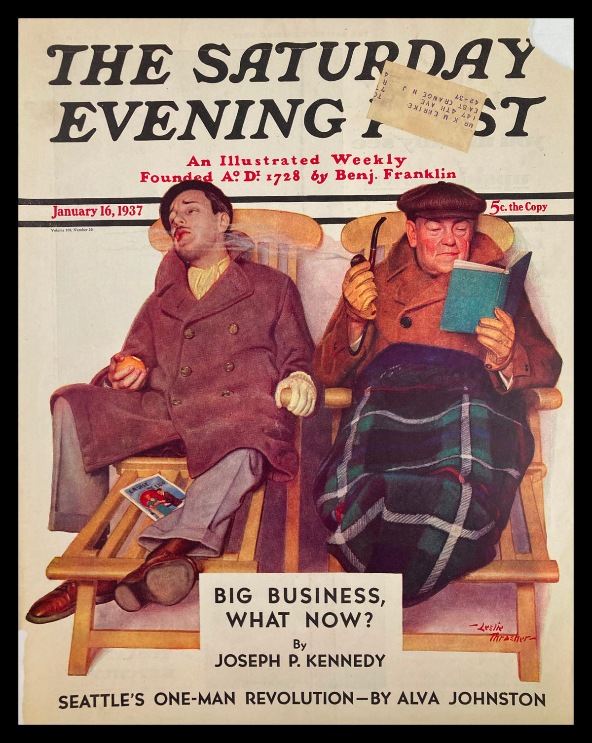 Cover of The Saturday Evening Post January 16 1937 featuring artwork of two men in winter attire discussing big business, with the title 'Big Business, What Now?' by Joseph P. Kennedy.