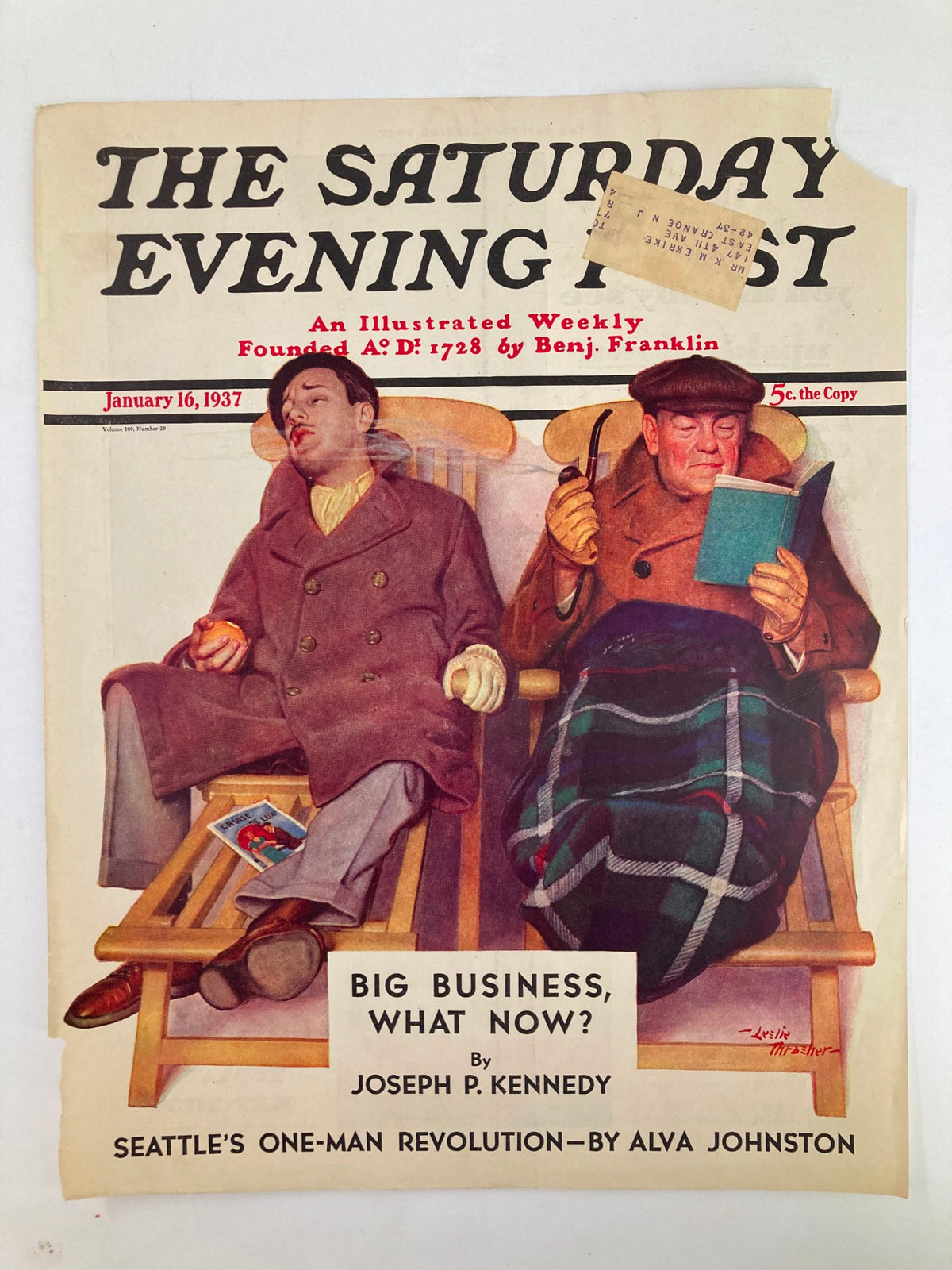 Cover image of The Saturday Evening Post January 16 1937 illustrating two figures in cozy winter clothing, pondering the question 'Big Business, What Now?' by Joseph P. Kennedy.