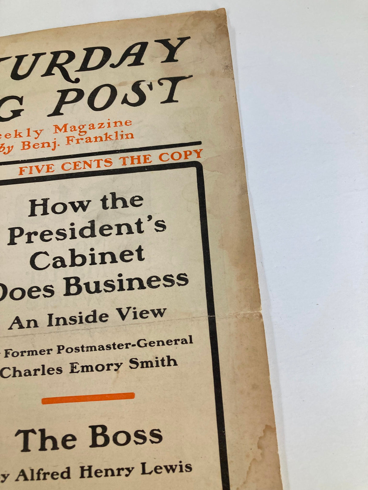 Close-up view of the COVER ONLY of The Saturday Evening Post, September 12, 1903, highlighting the magazine title and sections including 'The President's Cabinet Does Business' and 'The Boss', displaying signs of age and wear.