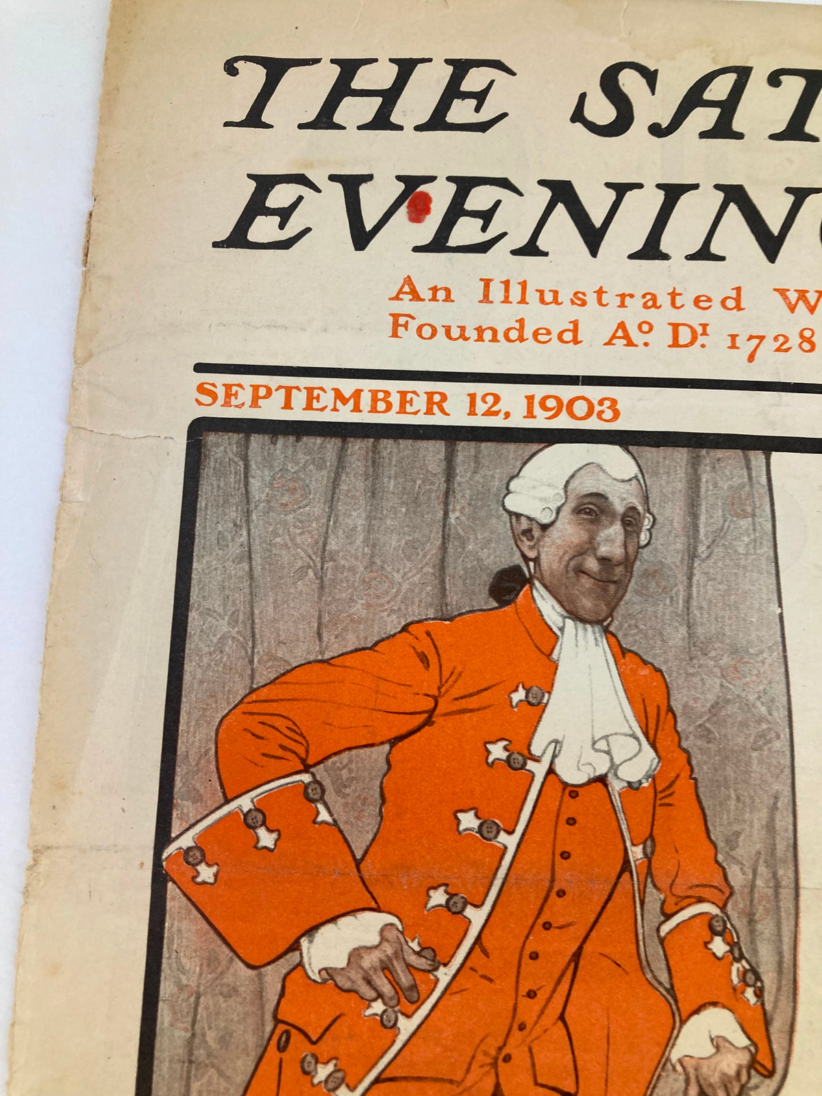 Close-up of the cover of The Saturday Evening Post dated September 12, 1903, showcasing intricate details of a gentleman in an orange coat, highlighting its vintage charm and significance.