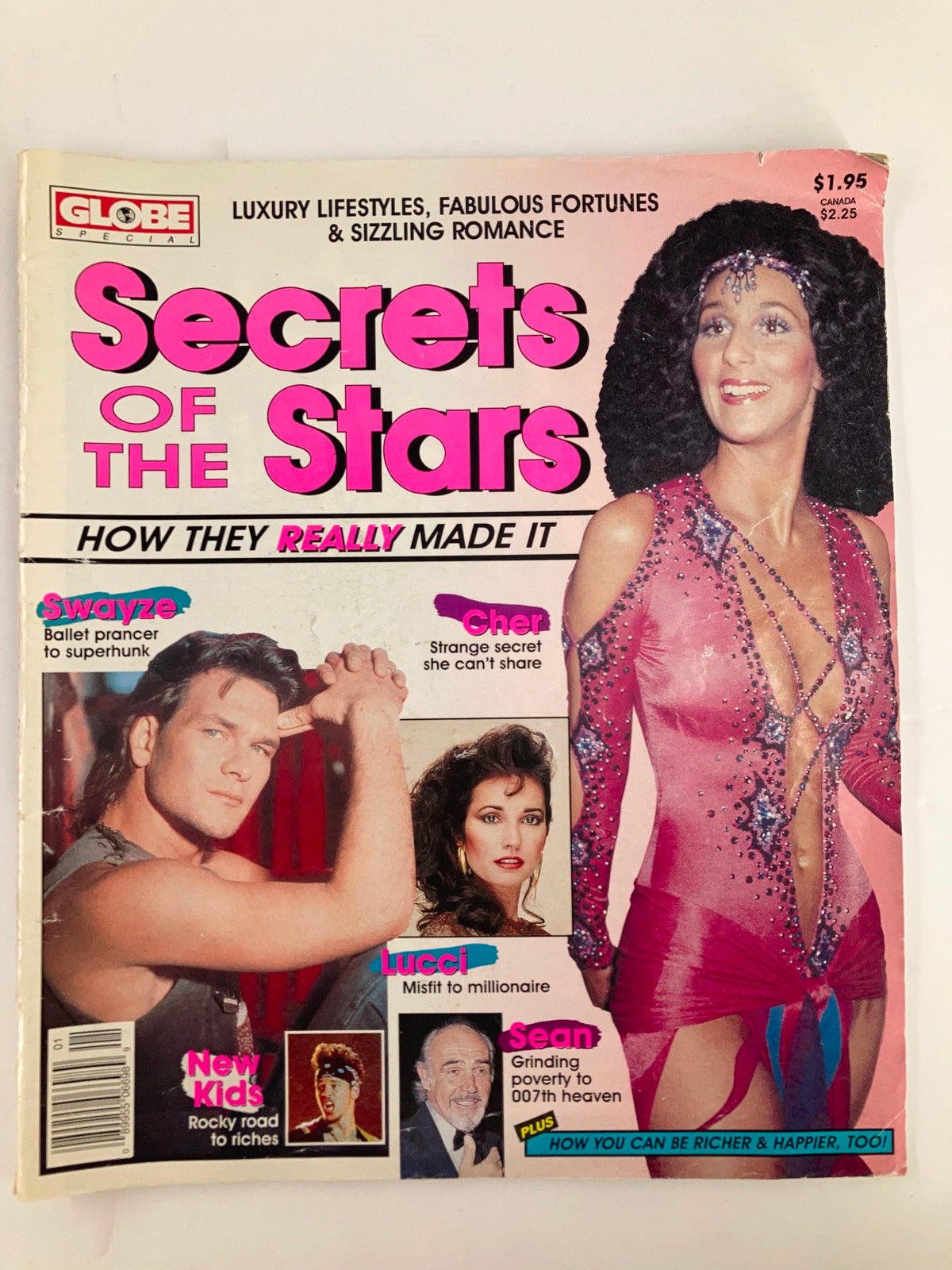 Cover of VTG Globe Magazine 1990 titled 'Secrets of the Stars', featuring Cher and Patrick Swayze. The magazine highlights their glamorous lifestyles with the tagline 'How They Really Made It'. Includes articles on celebrities like New Kids on the Block and other stars.