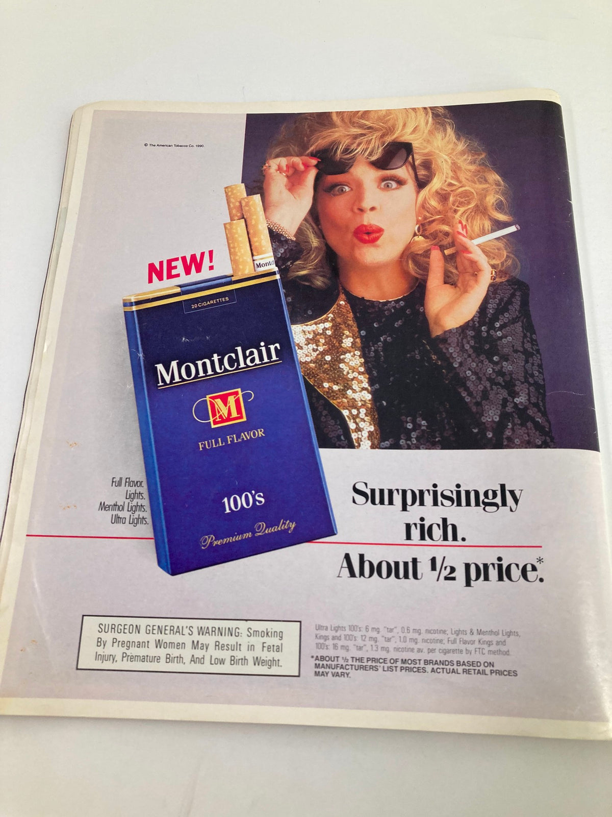 Advertisement from VTG Globe Magazine 1990 for Montclair cigarettes featuring a glamorous woman in a black sequined outfit, representing vintage advertising styles from the era.